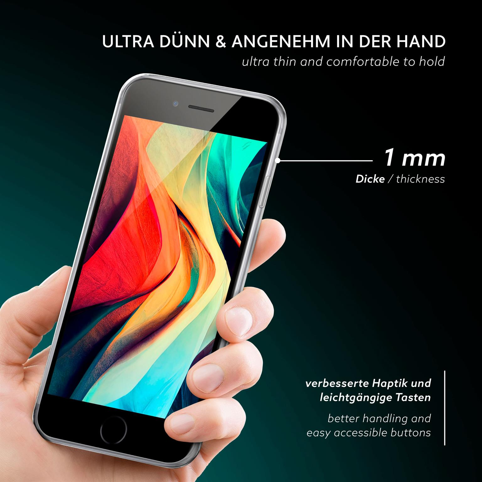 Eine Hand, die ein Telefon mit einer durchsichtigen Hülle hält. Text: ultradünn & angenehm.