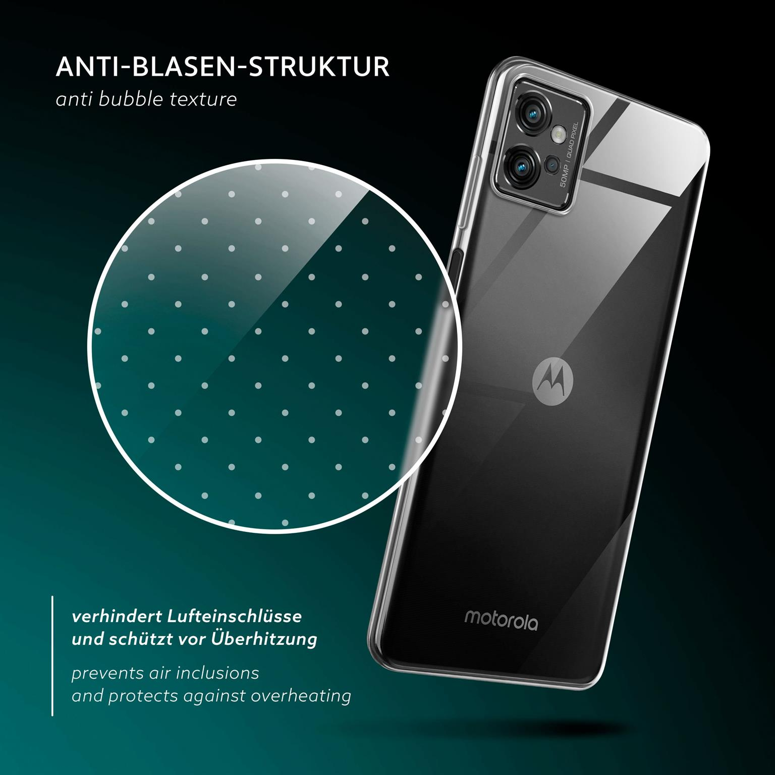 Eine Handyhülle mit Telefon, zeigt Anti-Blasen-Textur und Motorola-Logo.