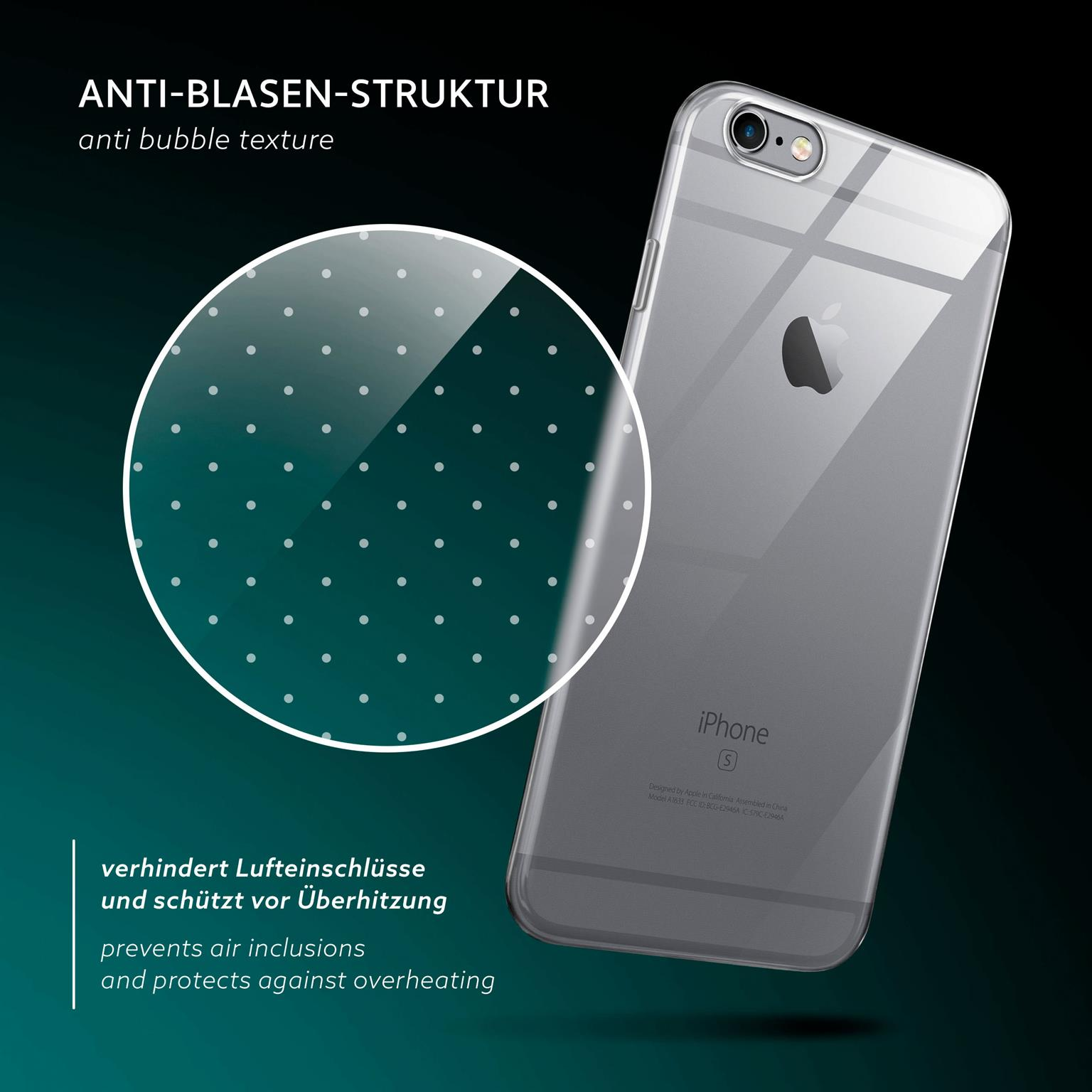 Smartphone mit klarer Hülle, zeigt Blasenstruktur und Telefon.