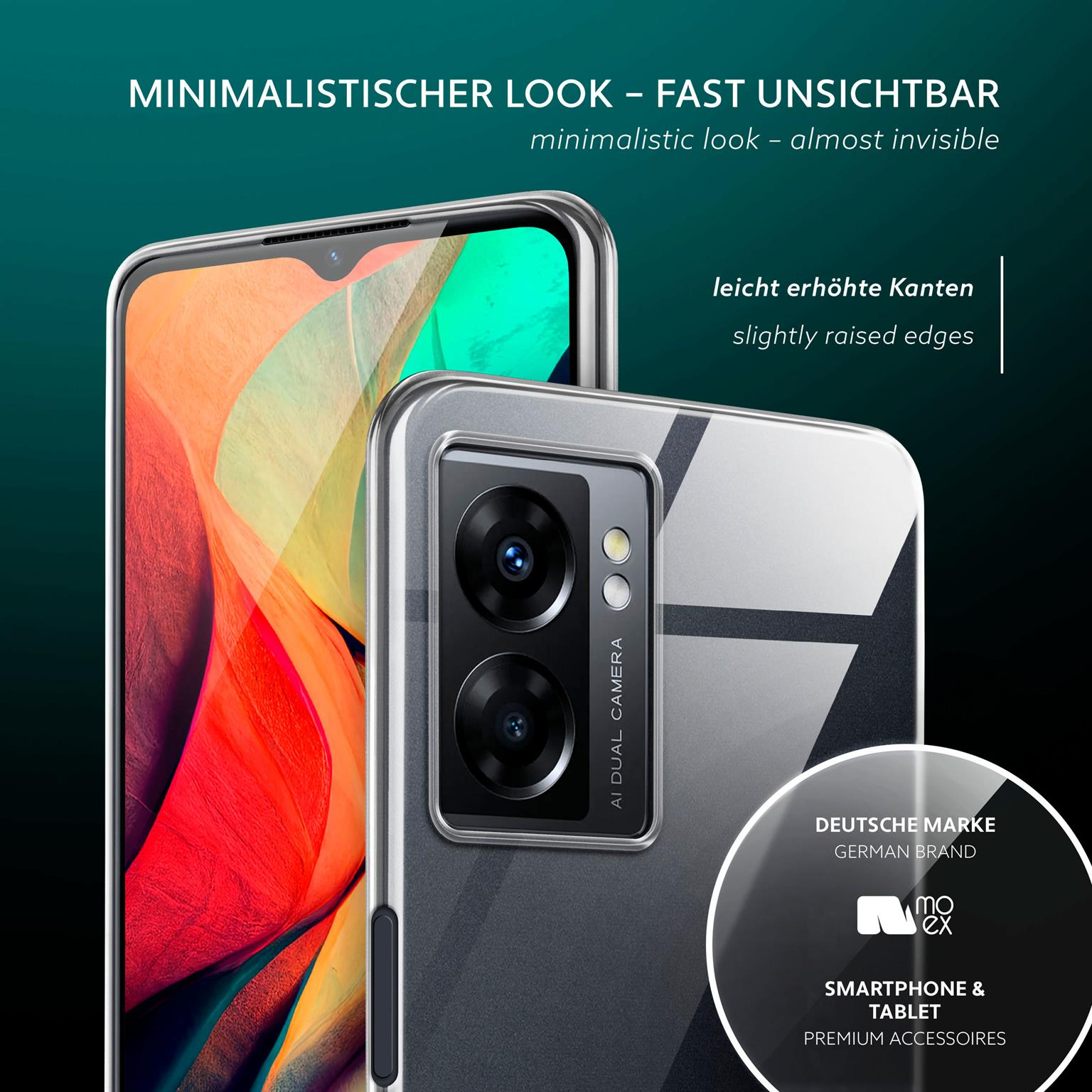 Zwei Telefone in einer transparenten Hülle, eines zeigt die Kamera. Der Hintergrund ist dunkelgrün und Text weiß.