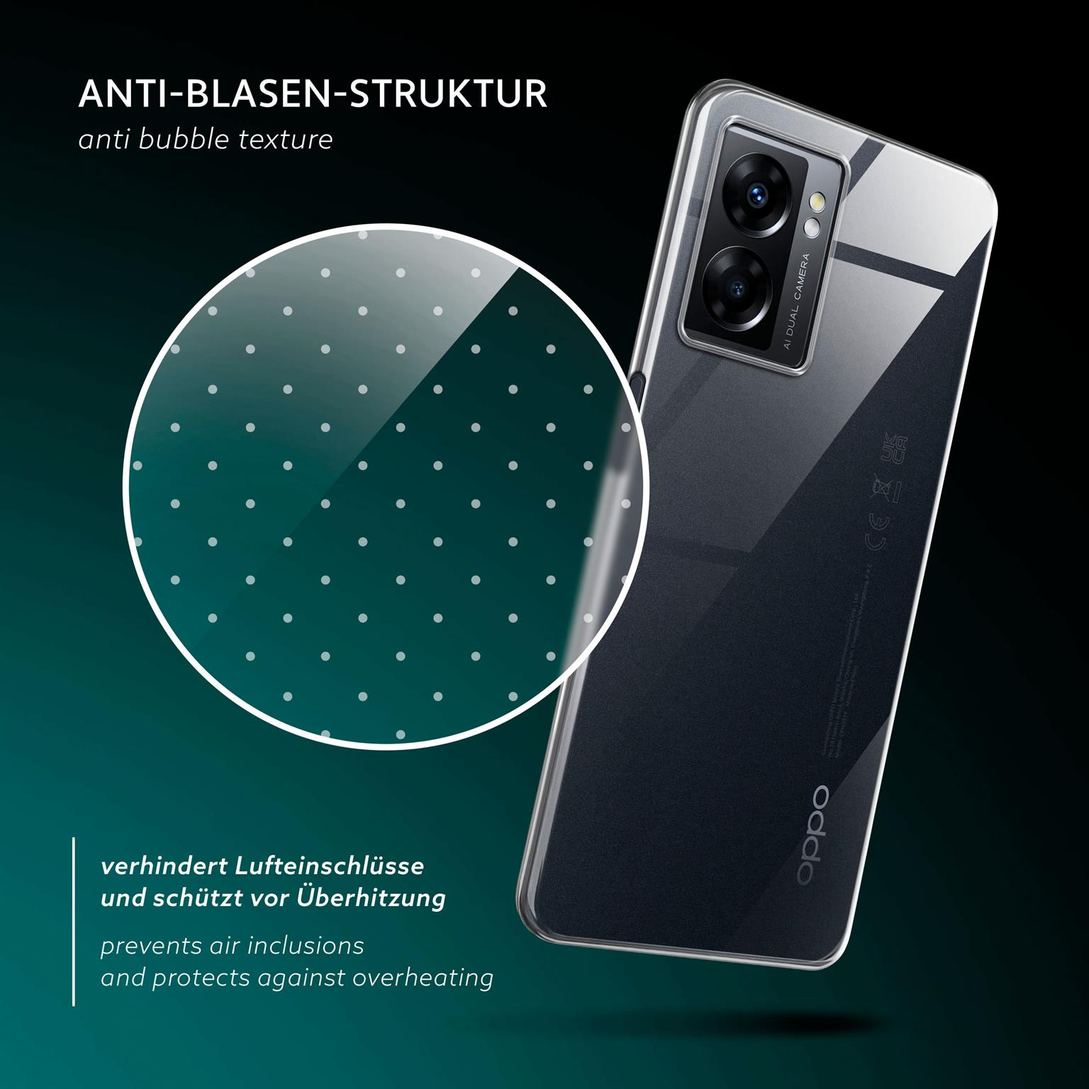 Transparente Handyhülle auf schwarzem Telefon, Blasenstruktur und Text über Schutz.