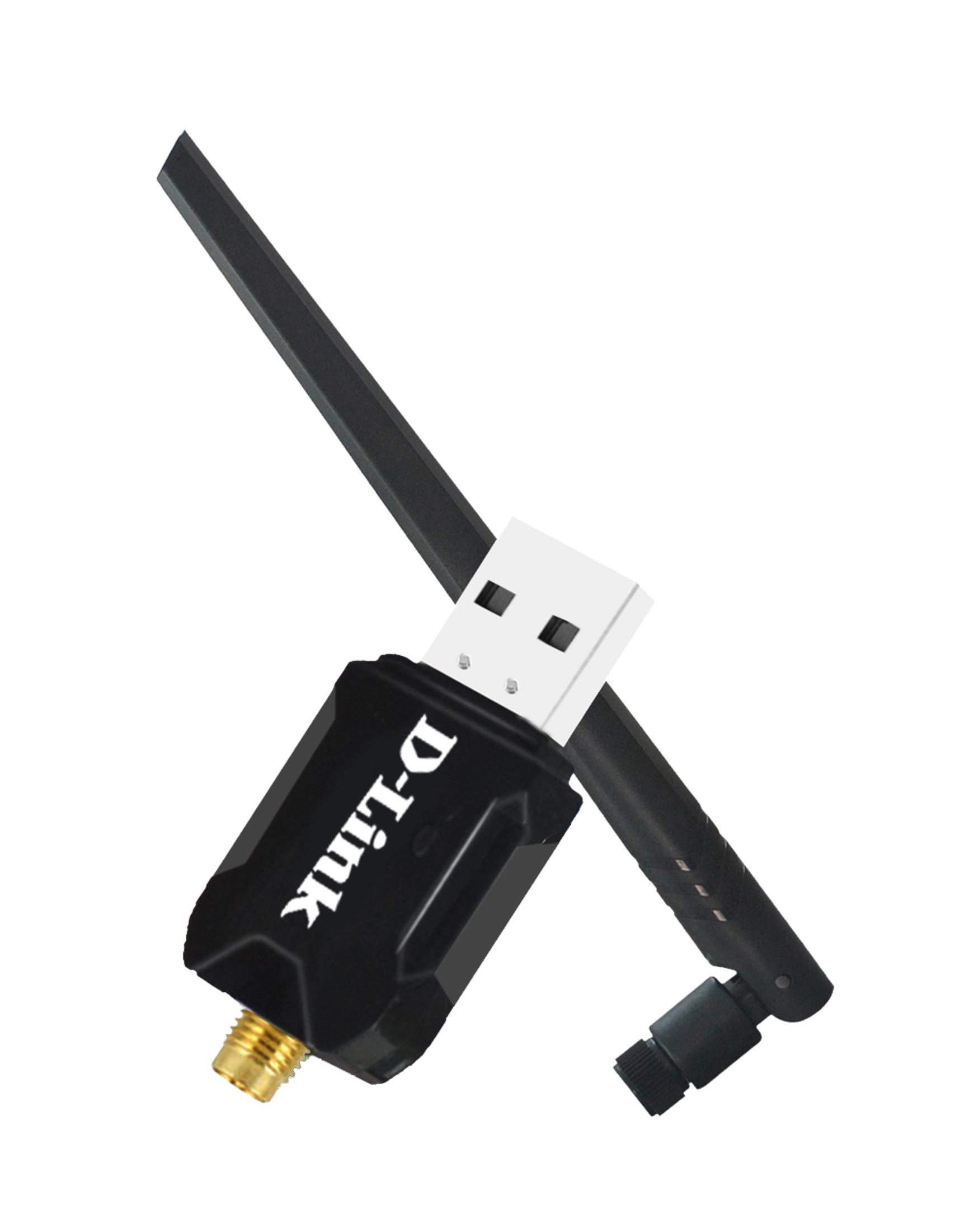 Czarny adapter WiFi USB D-Link z anteną. Białe złącze USB. Kątowe ramię anteny.