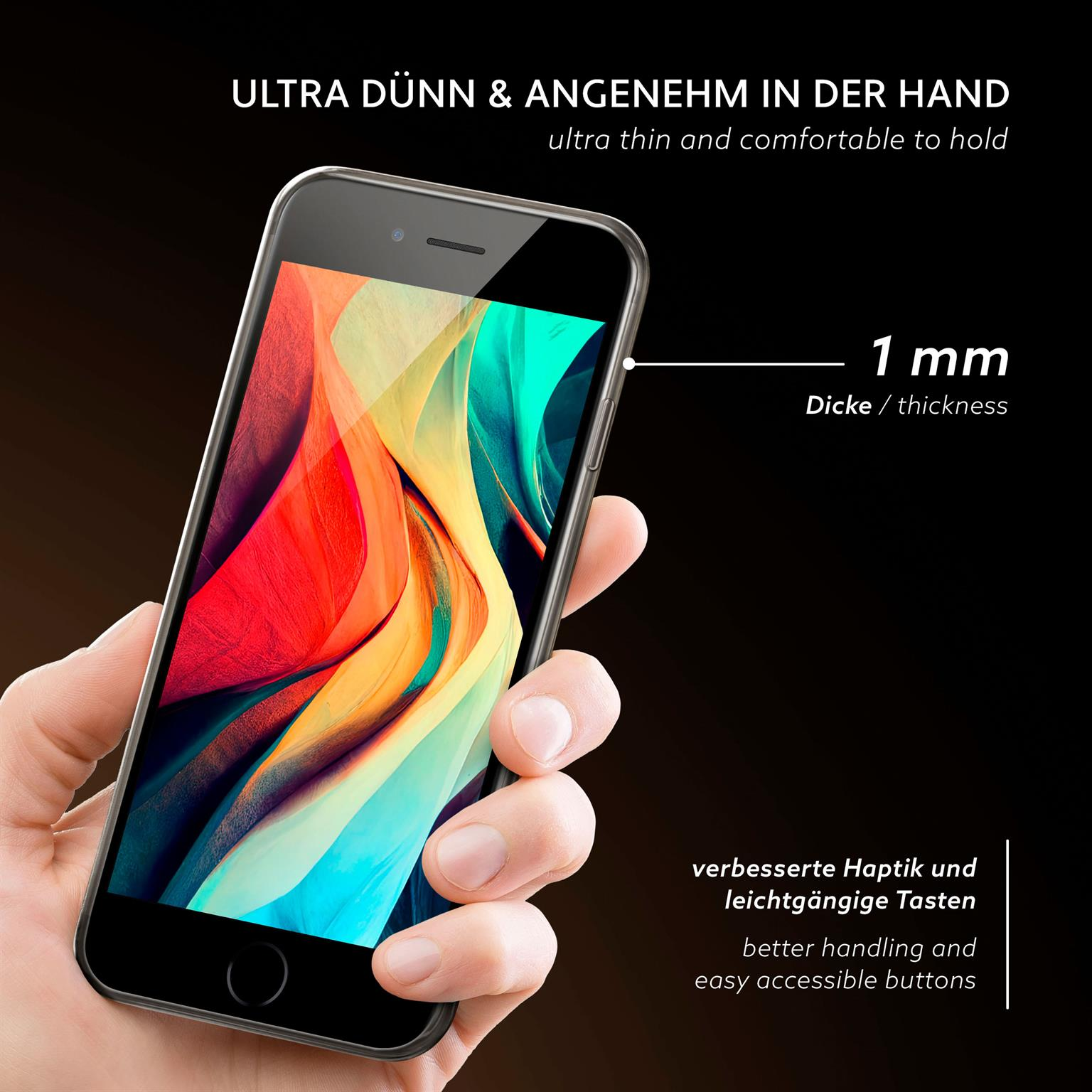 Eine Hand hält ein Telefon in einer transparenten Hülle. Das Telefon ist dünn, mit 1 mm Dicke. Text: 'ultra dünn & bequem'.