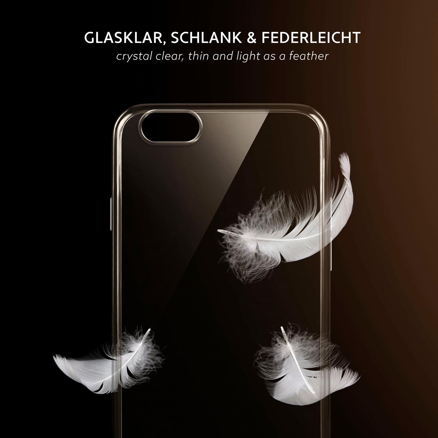 Eine transparente Handyhülle mit drei weißen Federn, die auf dunklem Hintergrund schweben.
