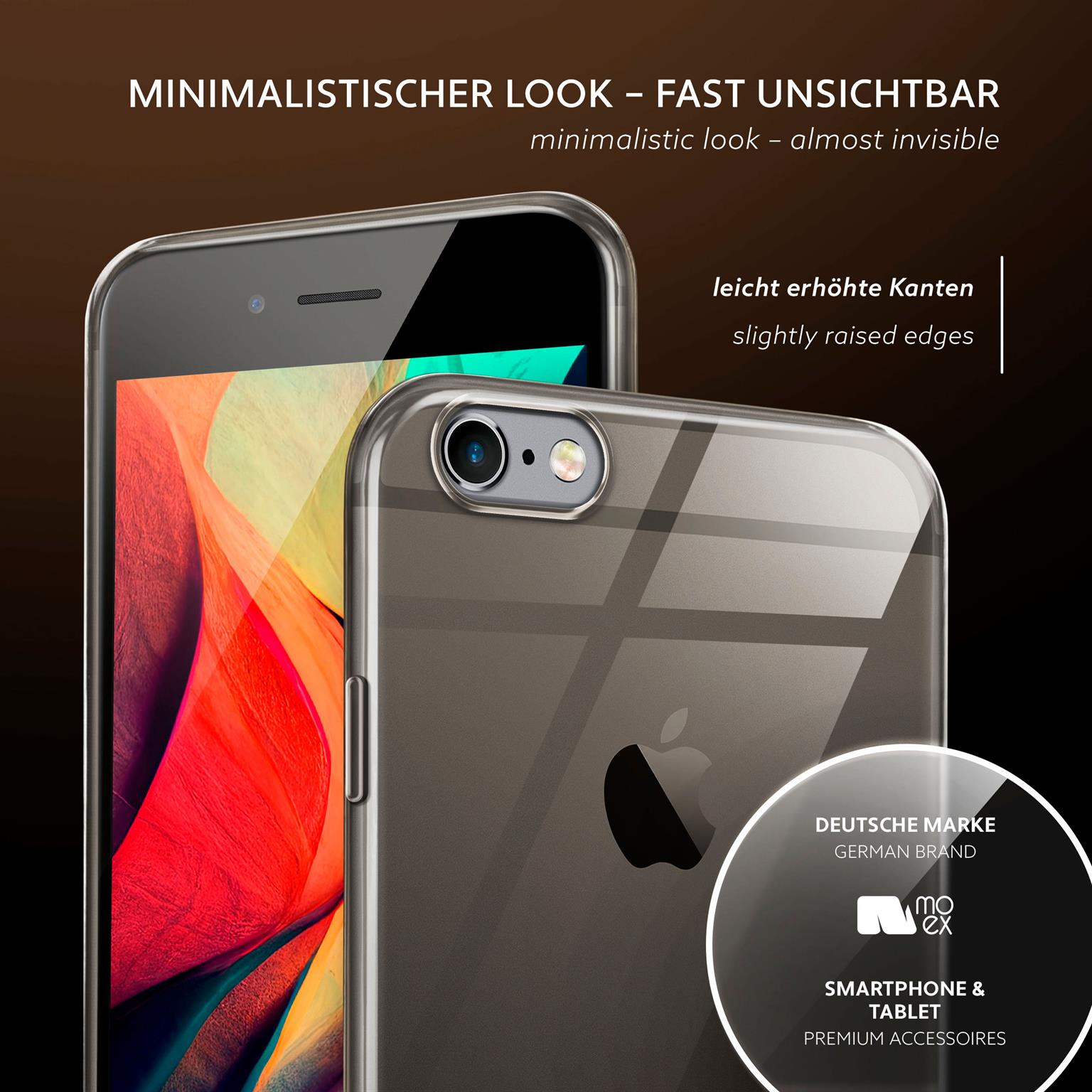 Zwei Telefone, auf einem eine transparente Hülle. Text sagt minimalistischer Look und deutsche Marke.