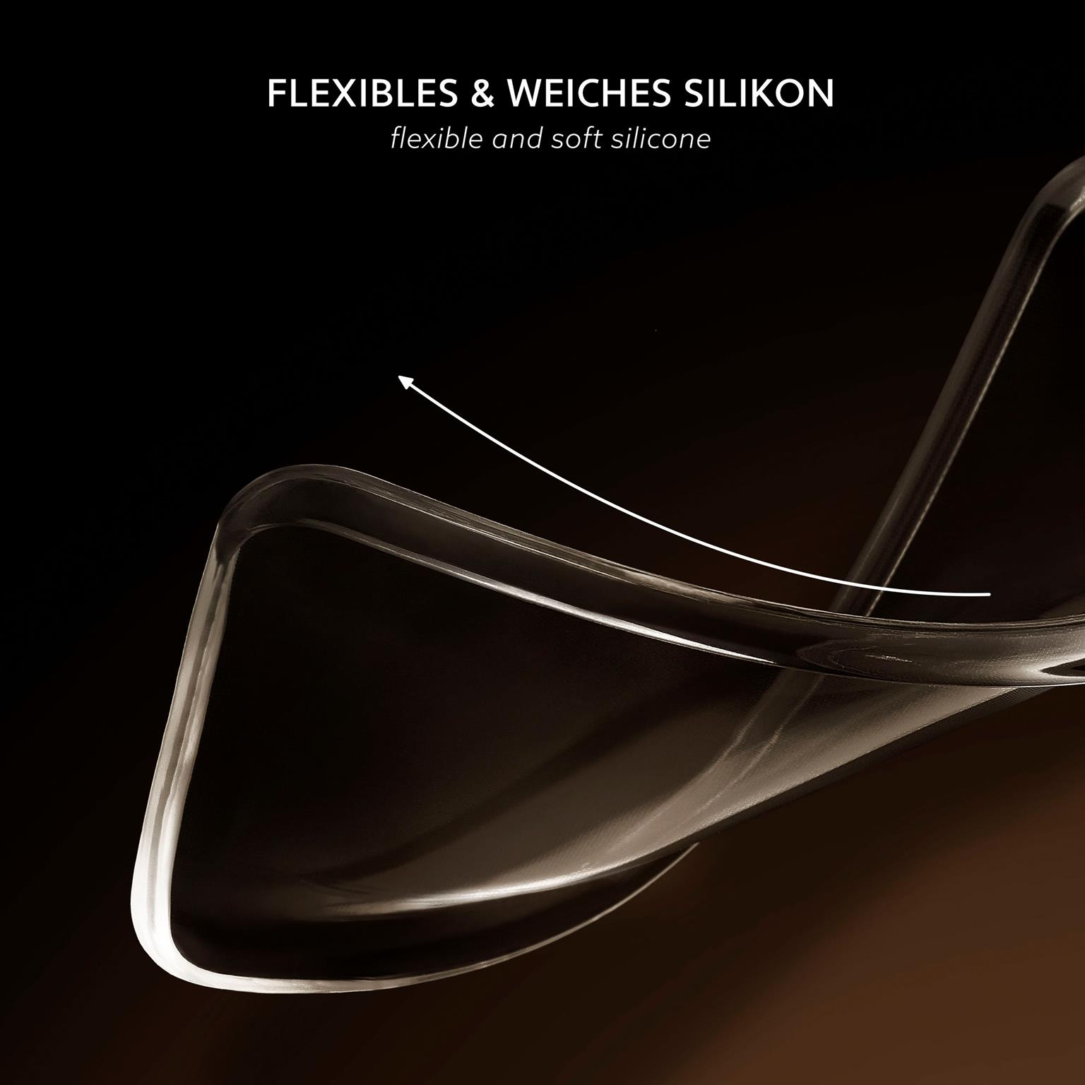 Klarer, gebogener Kunststoff. Text: 'Flexibles & weiches Silikon'.