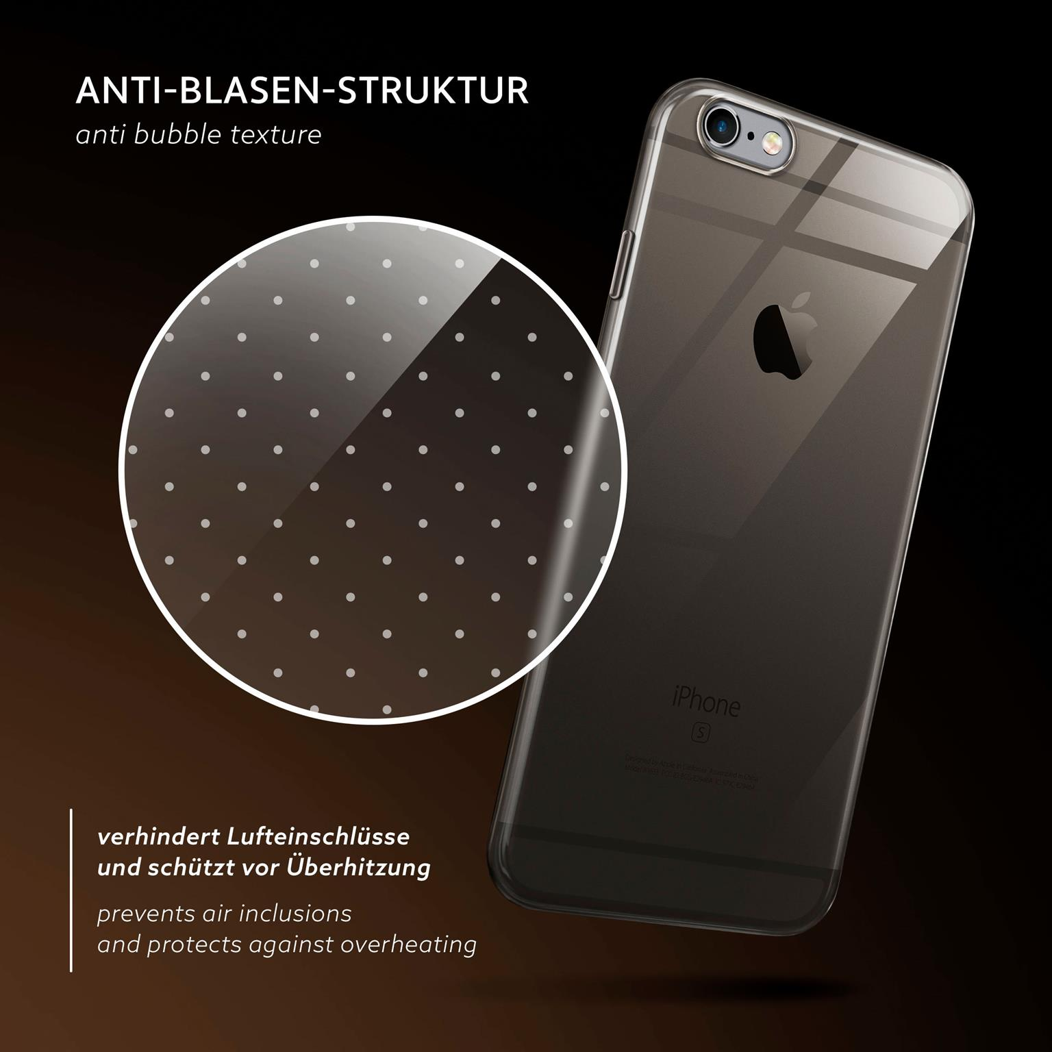 Telefon in klarer Hülle mit Blasentextur. Text sagt 'verhindert Lufteinschlüsse und schützt vor Überhitzung'.