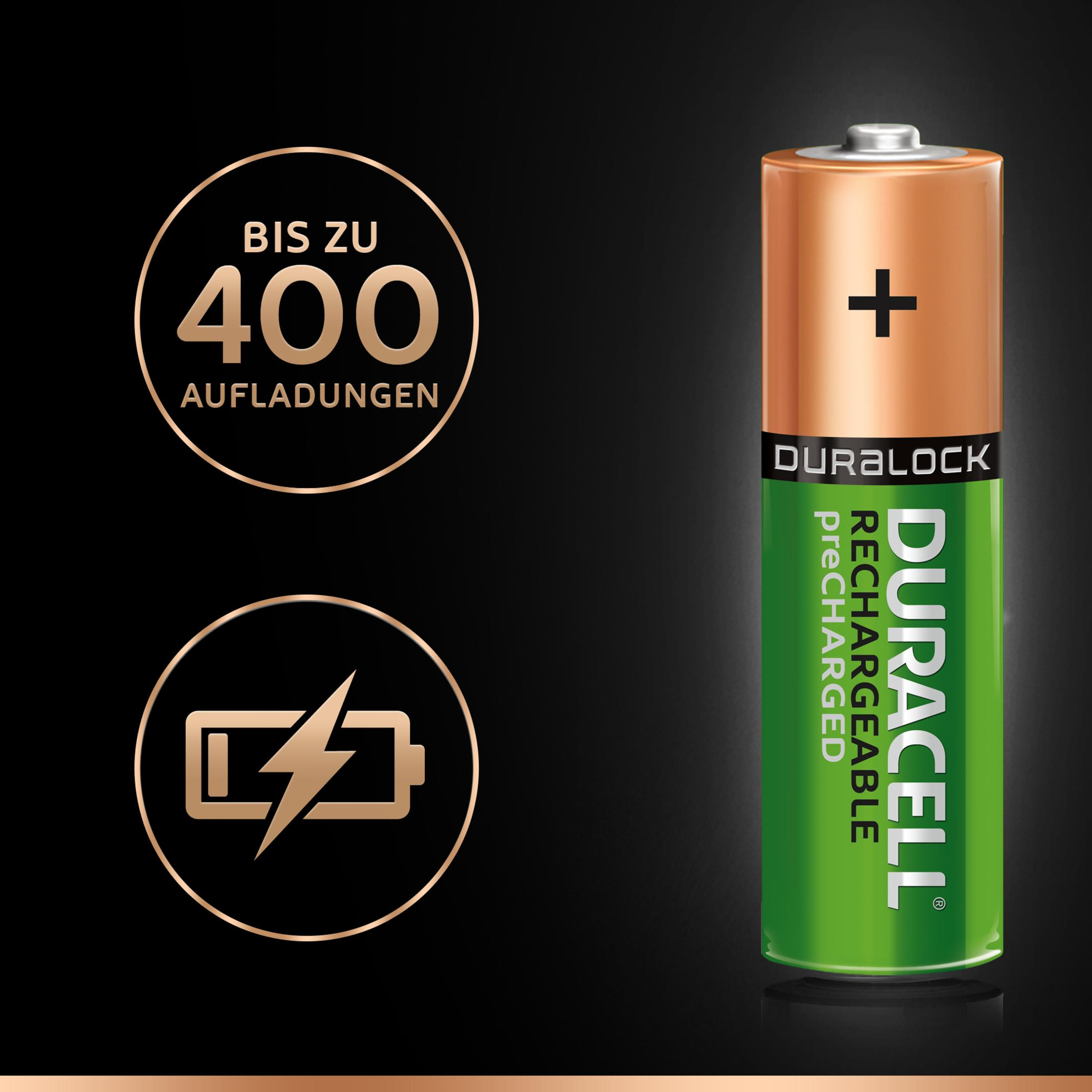 Duracell batterij met groene tekst en labels, plus teken op oranje achtergrond.