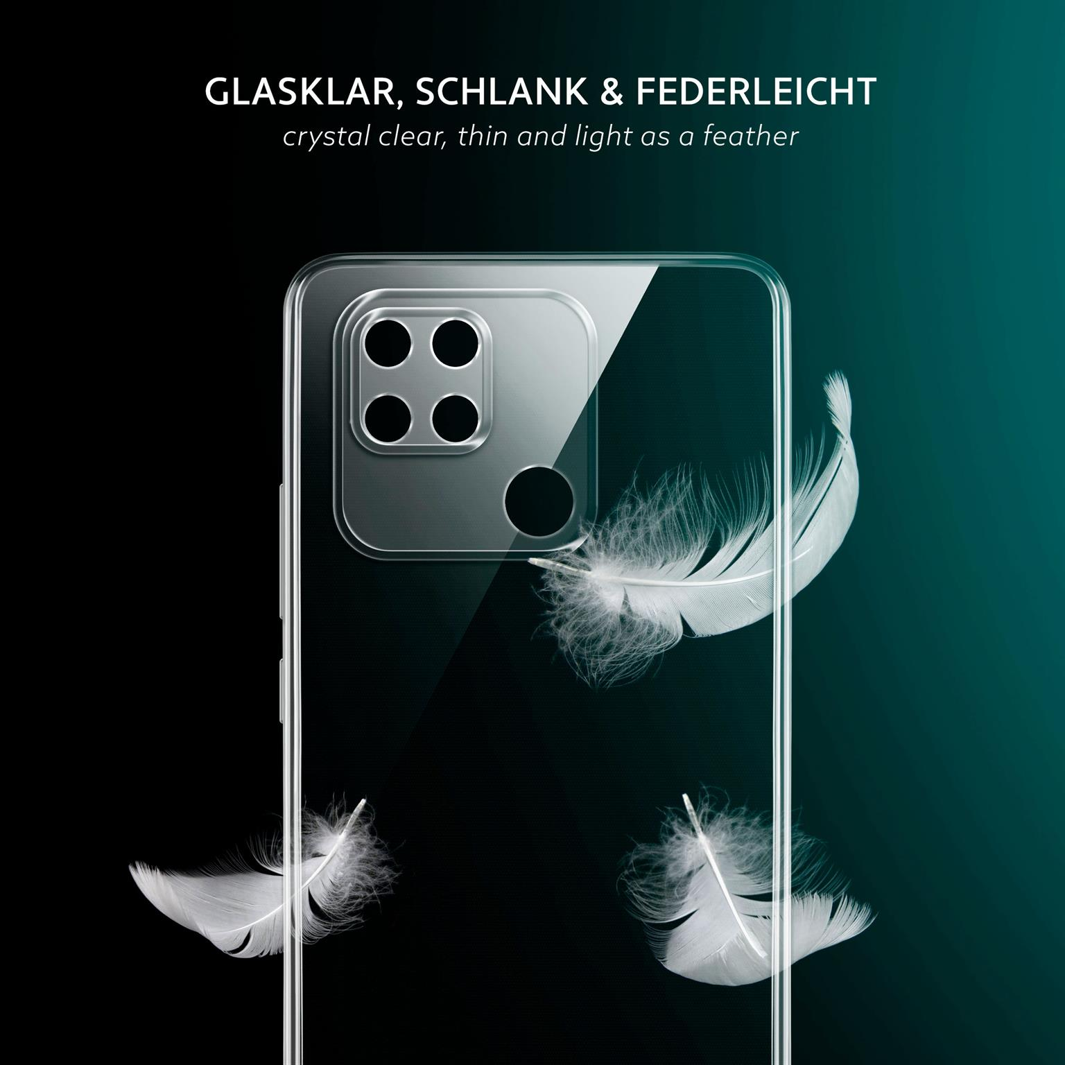 Transparente Handyhülle mit Telefon und weißen Federn auf dunklem grünen Hintergrund.