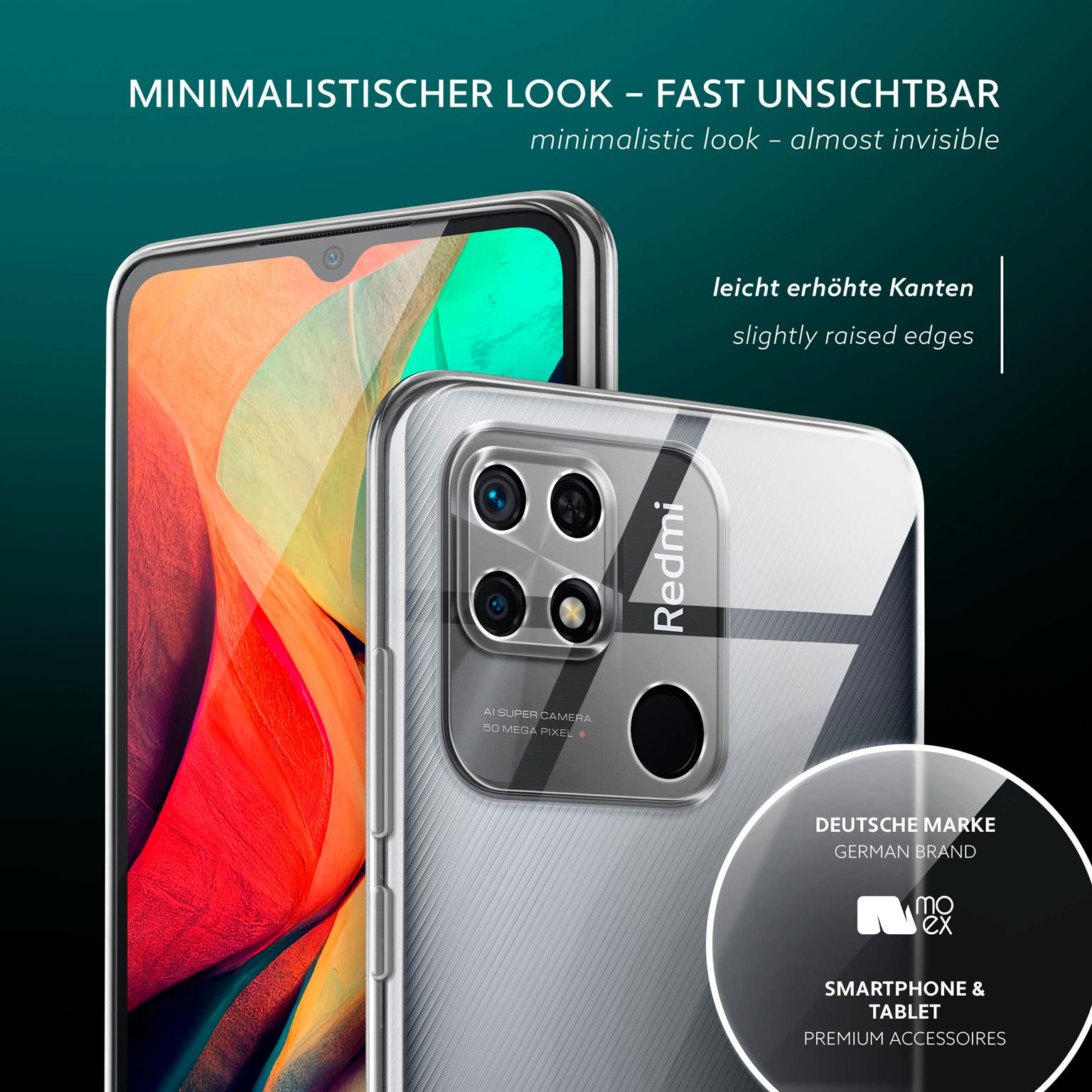 Telefon in klarer Hülle. Text: minimalistischer Look, leicht erhöhte Kanten und deutsche Marke.