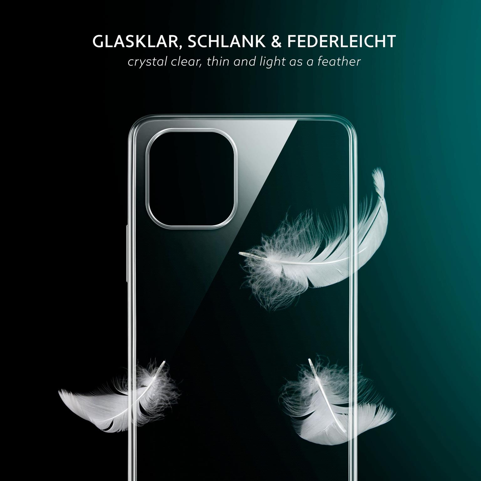 Eine Handyhülle mit Federn und transparenter Abdeckung, mit dem Text 'kristallklar'.