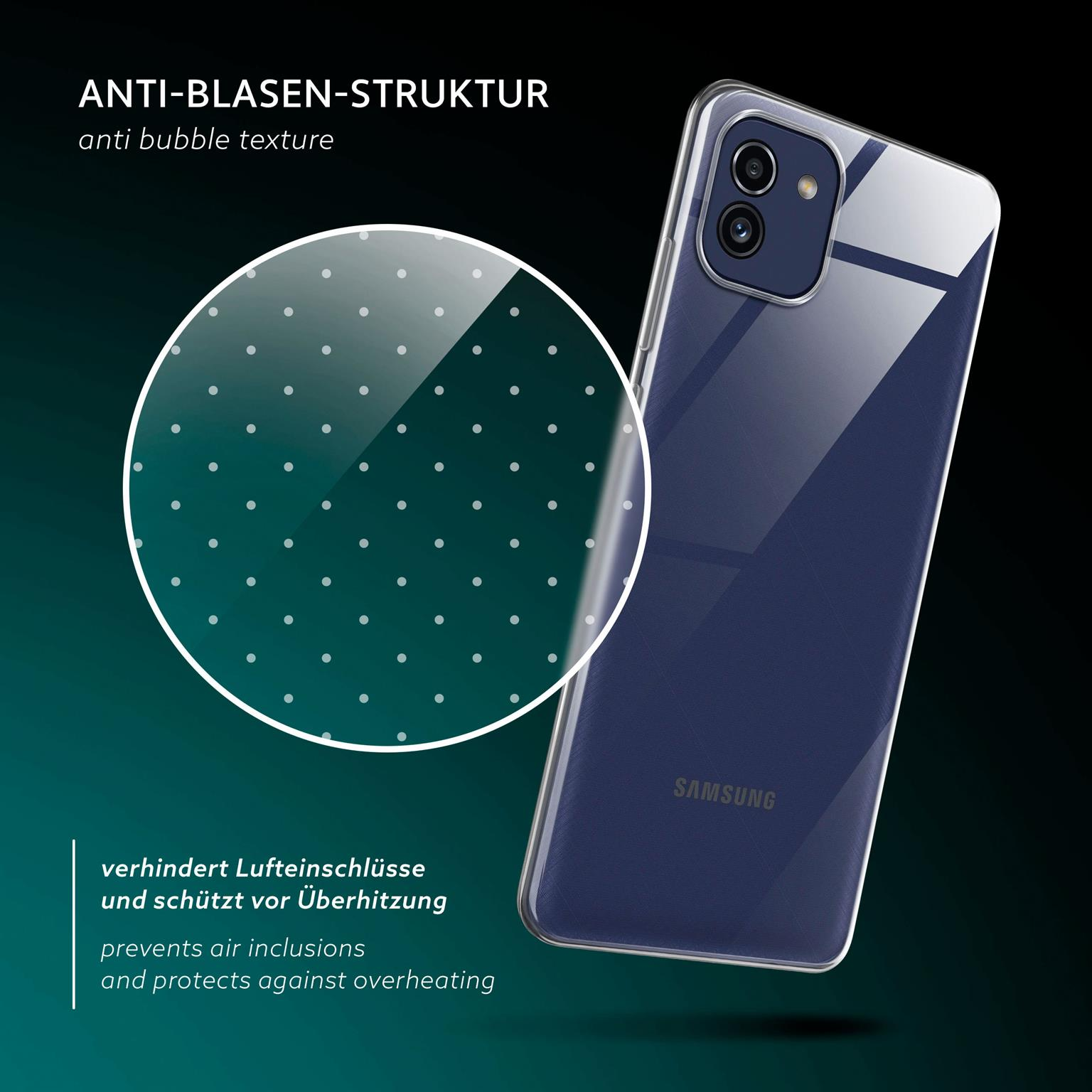 Ein Telefon befindet sich in einer durchsichtigen Hülle, mit vergrößerter Ansicht einer blasenverhindernden Textur auf der Hülle.