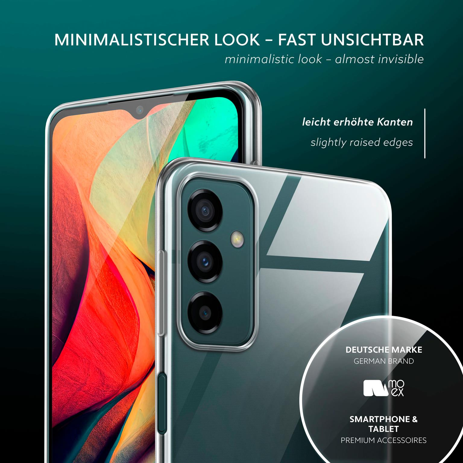 Eine Handyhülle mit Handy darin, Nahaufnahme, mit Text: minimalistischer Look - fast unsichtbar.