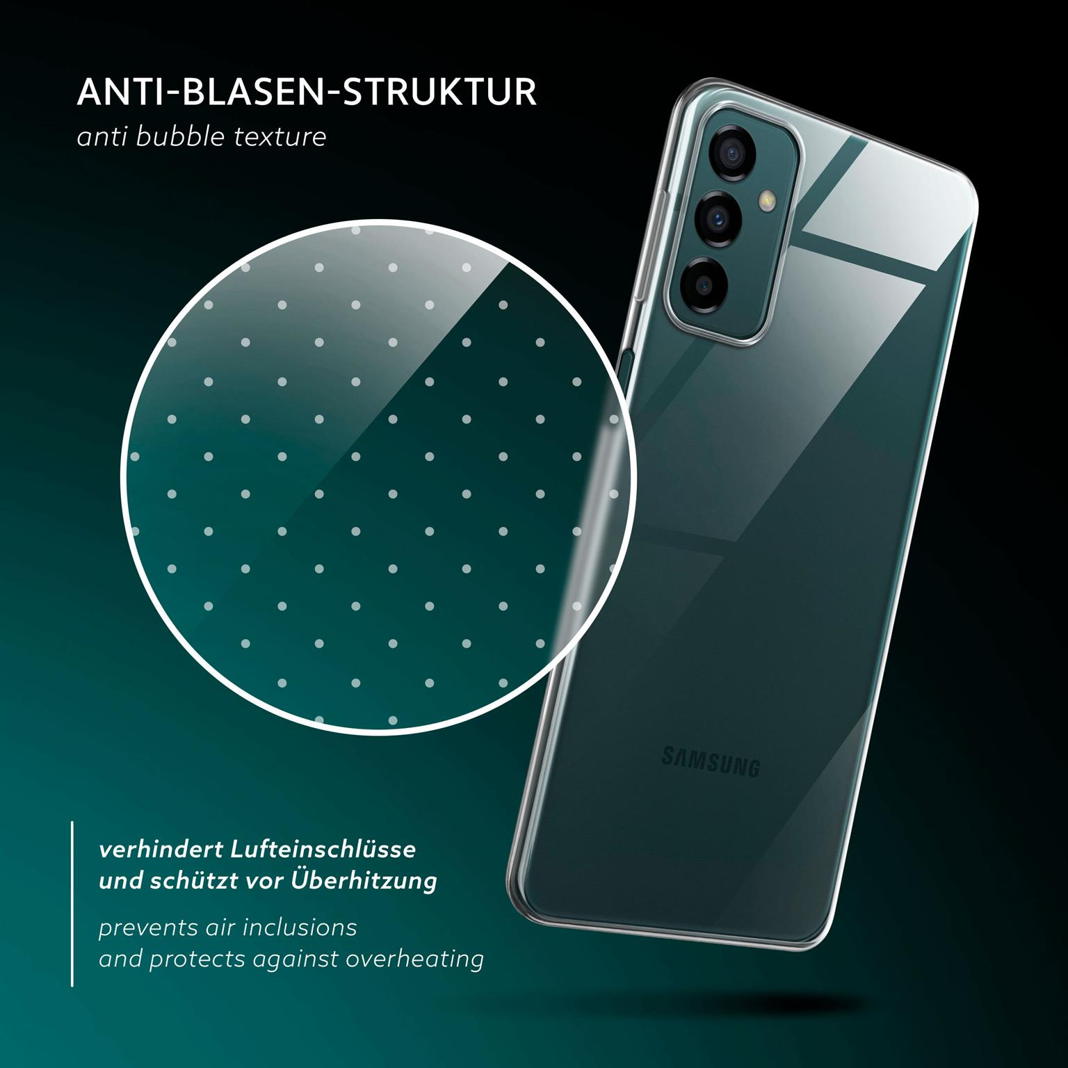 Eine transparente Handyhülle mit kleinen Punkten. Der Text lautet 'Anti-Blasen-Struktur'.