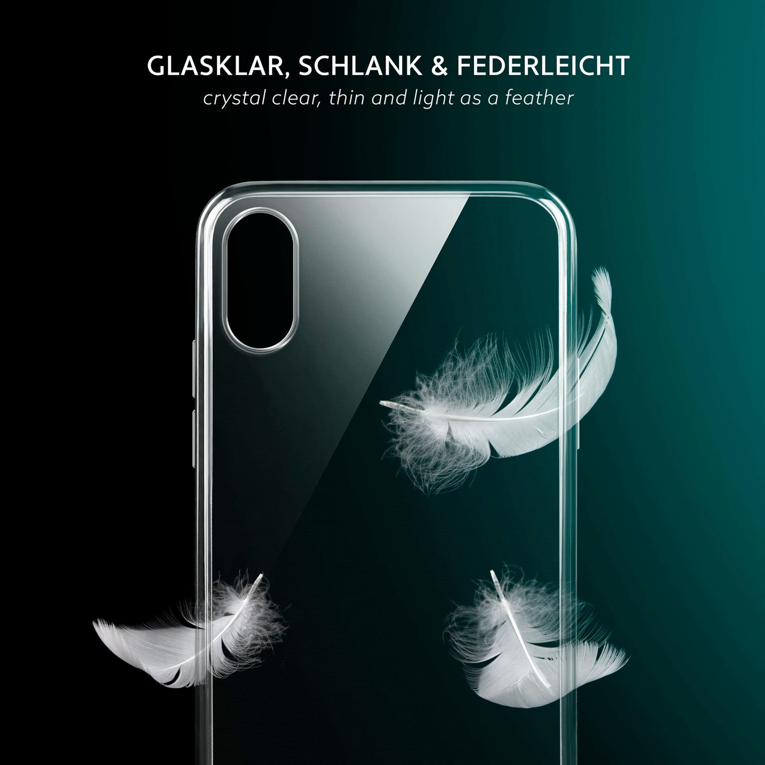 Transparente Handyhülle mit 3 weißen Federn davor, auf dunkelgrünem Hintergrund.