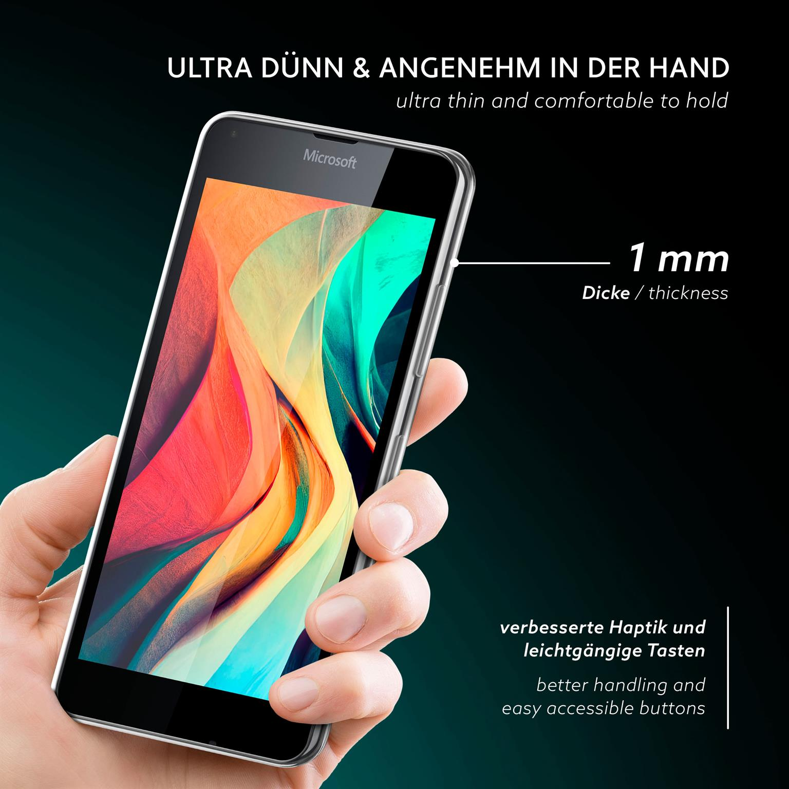 Eine Hand, die ein schwarzes Telefon mit Bildschirm hält, 1 mm dick. Das Telefon hat einen bunten Hintergrund.