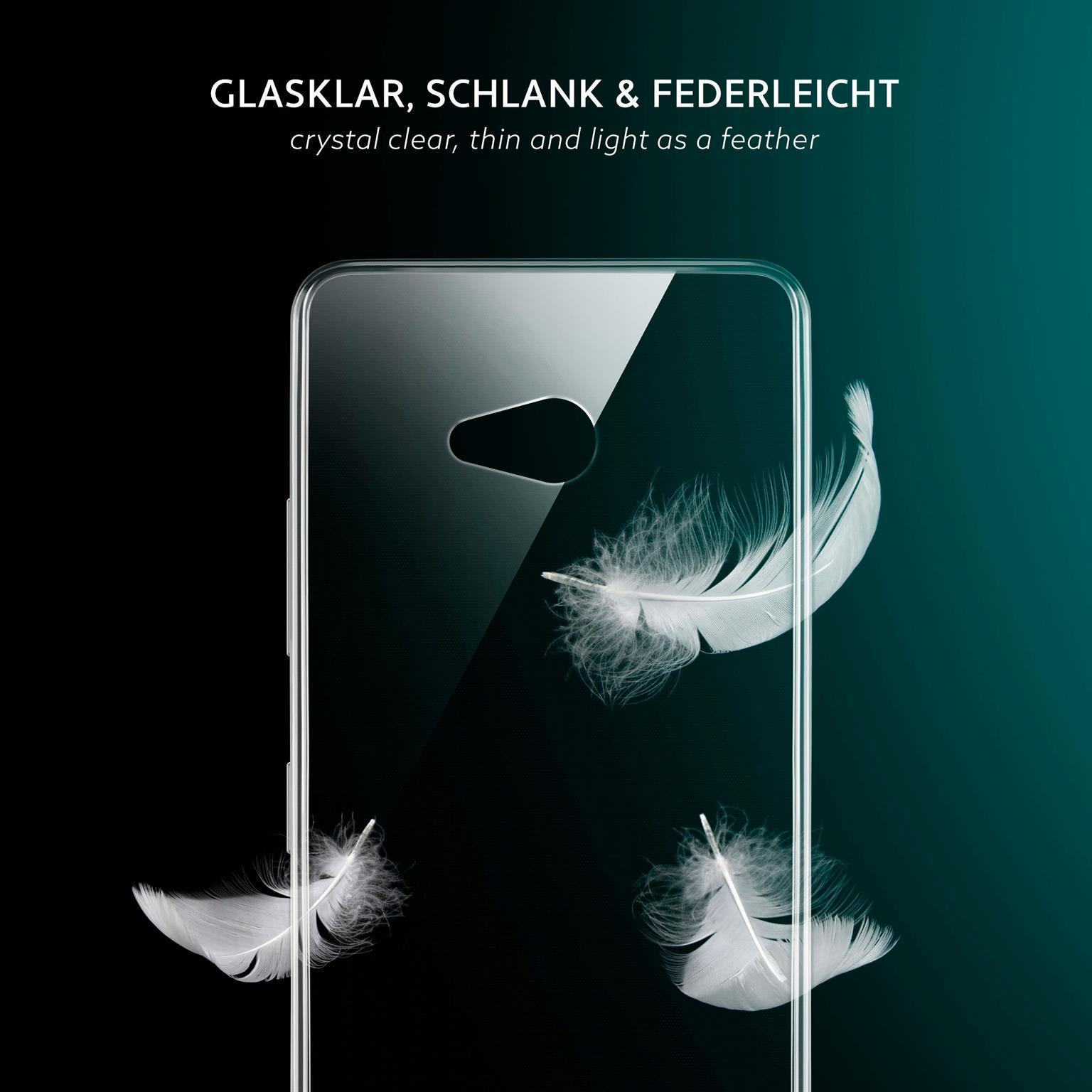 Telefon in Hülle mit Federn. Dunkler Hintergrund. Text: kristallklar, dünn und leicht.