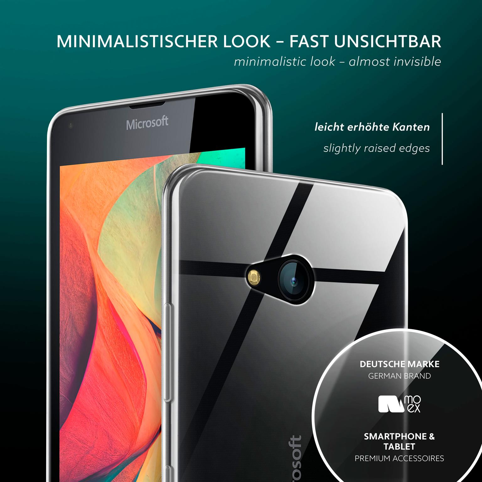 Handyhülle auf einem Microsoft-Telefon. Ein deutsches Markenlogo ist sichtbar.