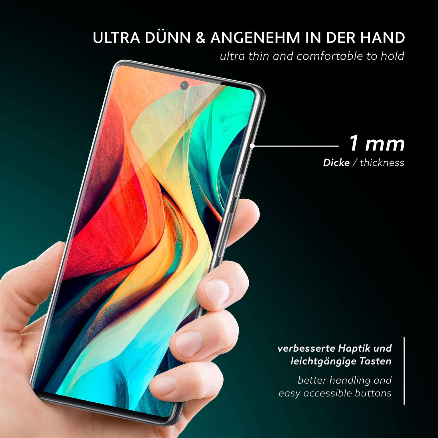 Hand hält Telefon mit Displayschutz. Text sagt dünn und komfortabel, 1 mm Dicke.