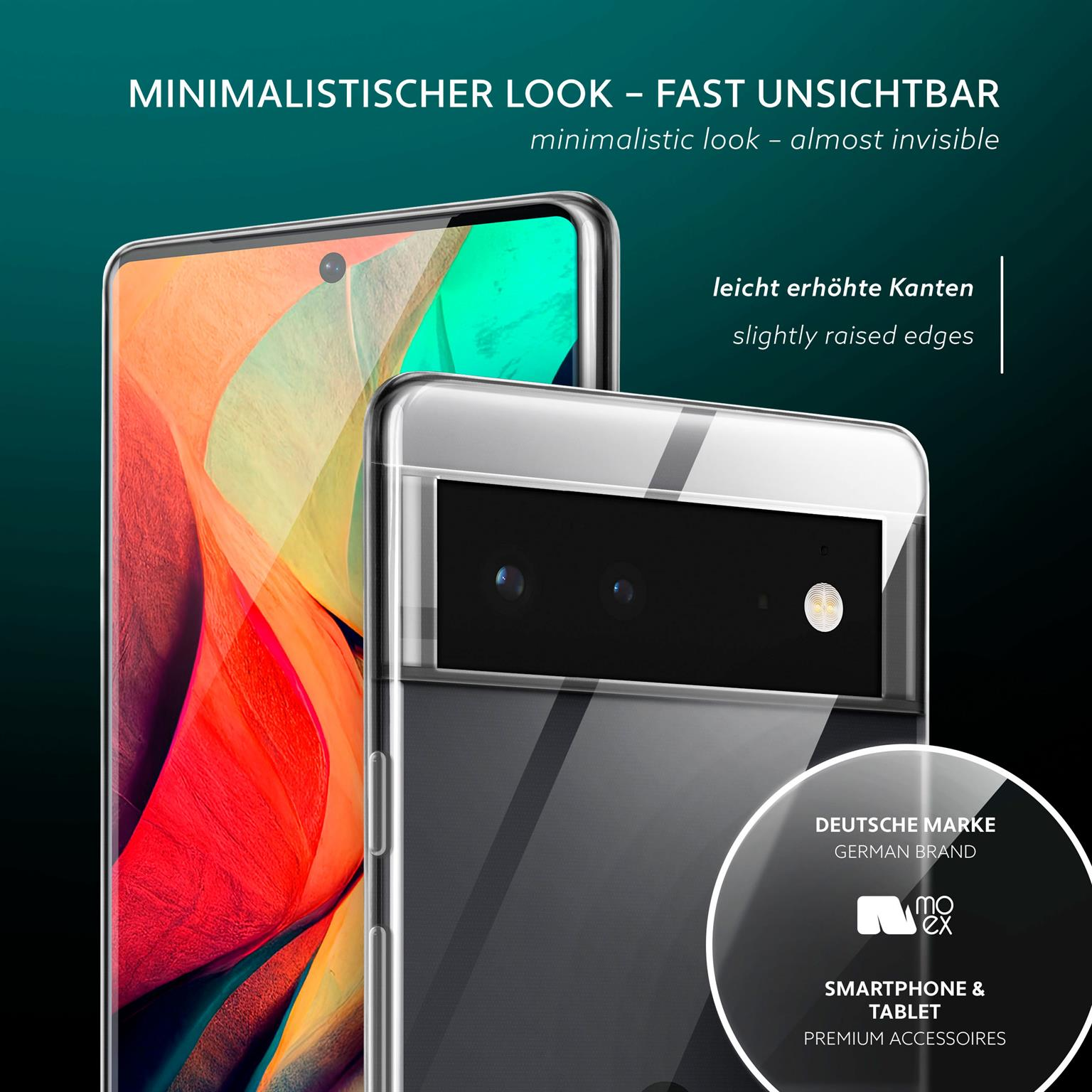 Zwei Telefone in Hüllen werden gezeigt, eines klar und eines rot. Funktionen werden hervorgehoben.
