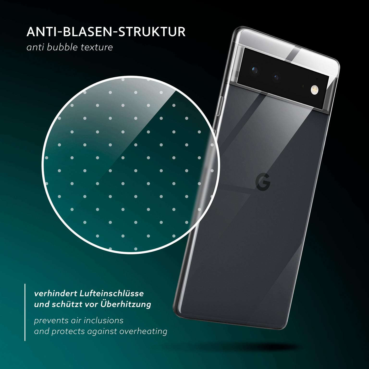 Transparente Handyhülle auf einem Telefon. Die Hülle hat ein weißes Punktmuster. Text sagt "Anti-Blasen-Struktur".