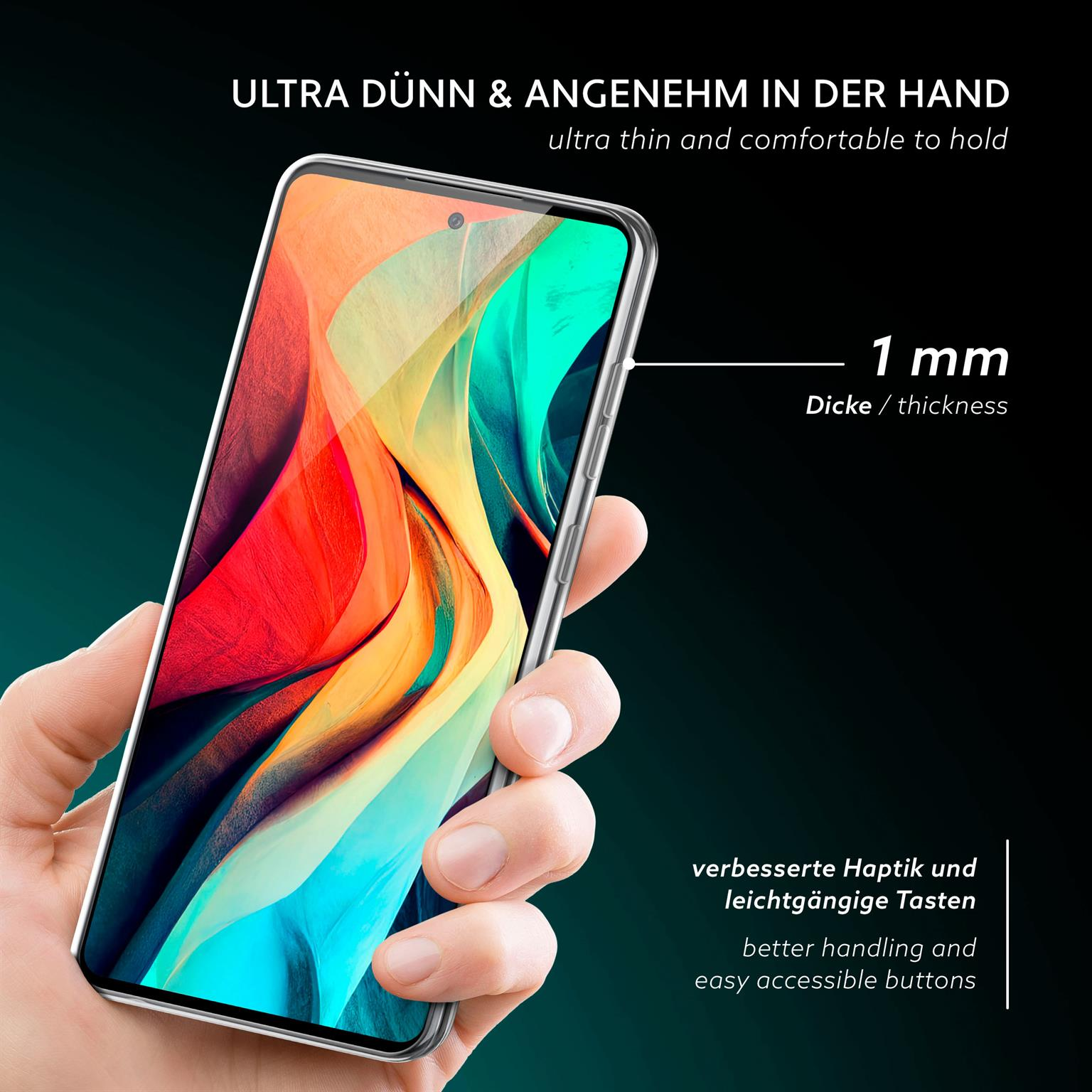 Eine Hand, die eine transparente Handyhülle hält. Der Text besagt, dass die Dicke 1 mm beträgt.