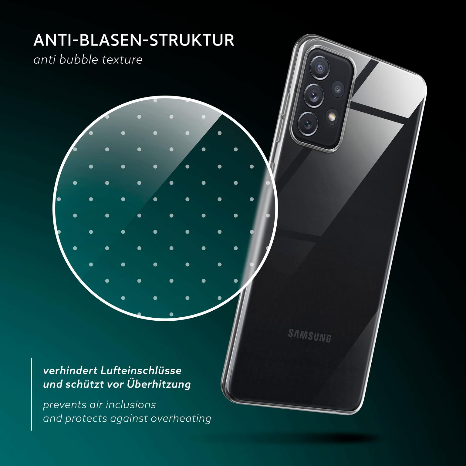 Transparente Handyhülle mit Blasen. Die Hülle befindet sich auf einem Telefon mit schwarzem Hintergrund.