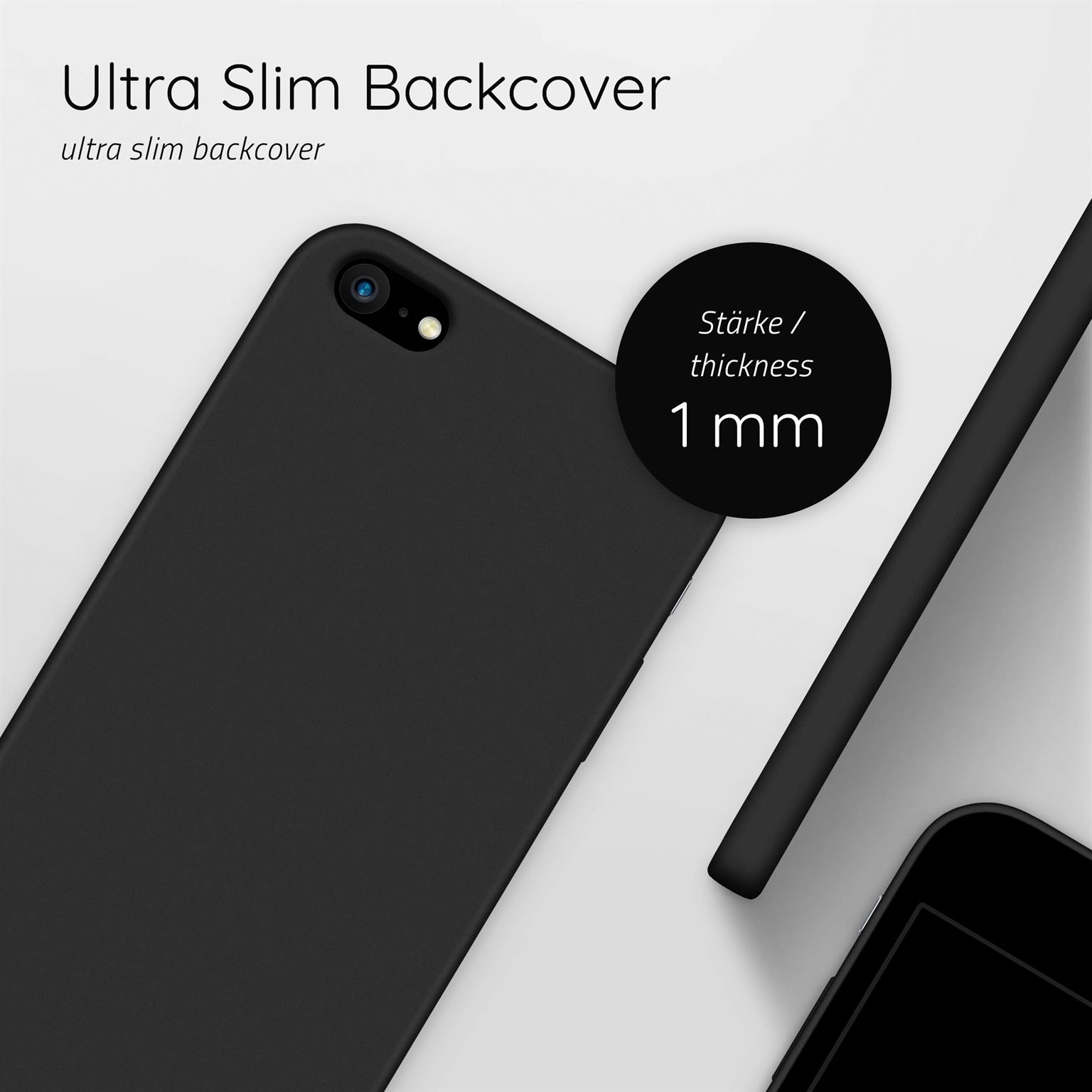 Nahaufnahme eines schwarzen Smartphones in einer schwarzen Hülle. Text: Ultra Slim Backcover, 1 mm dick.