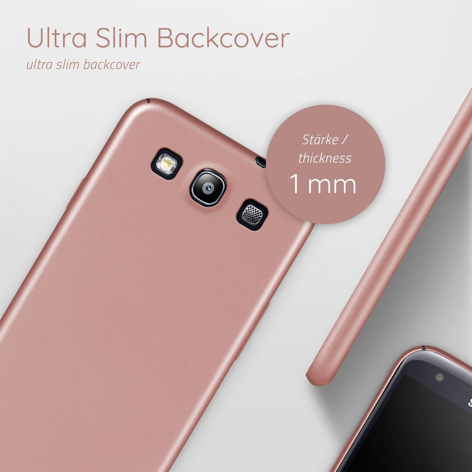 Eine roségoldene Handyhülle mit Telefonumriss und zusätzlichem Teil. Text gibt die Dicke von 1 mm an.