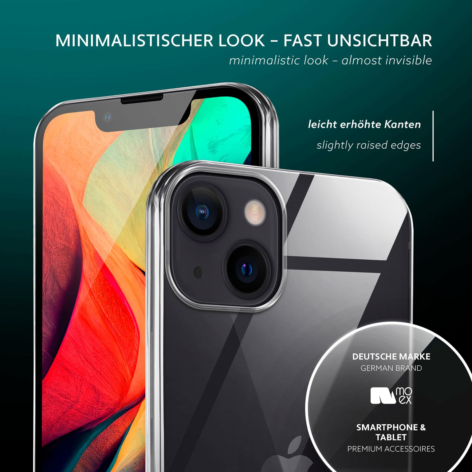 Eine transparente Handyhülle auf einem Telefon. Text sagt 'leicht erhöhte Kanten'. Ein weißer Hintergrund.