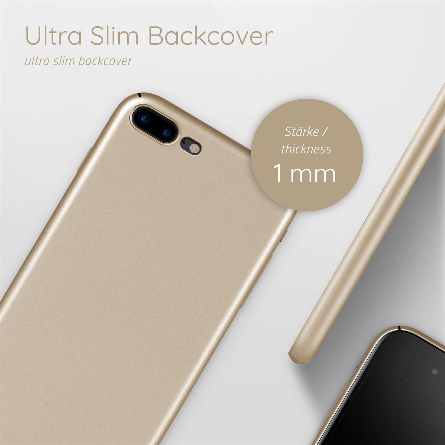 Goldene Handyhülle mit 1 mm Dicke, auf hellem Hintergrund platziert.