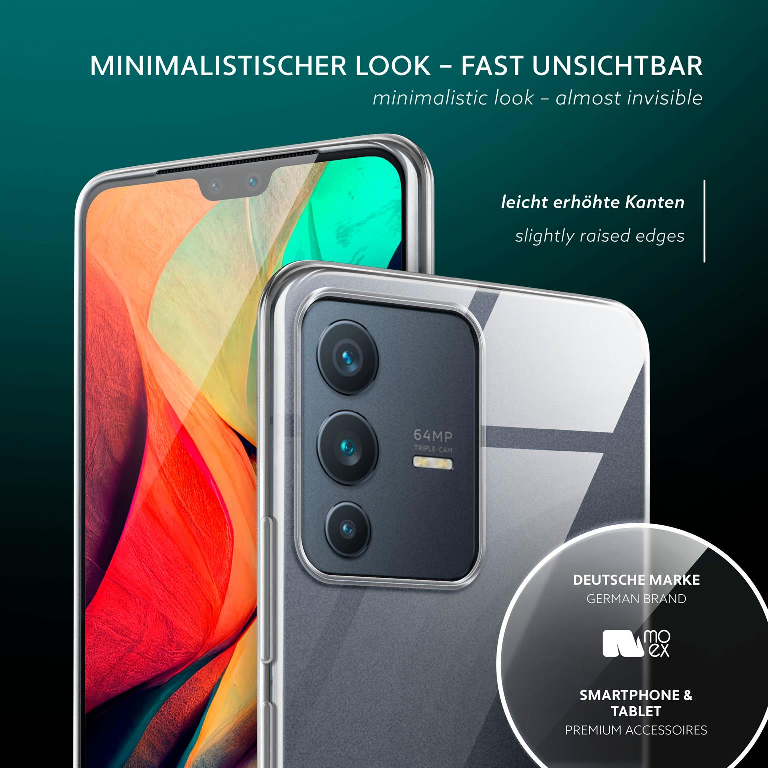 Zwei Telefone, auf einem eine transparente Hülle. Text sagt minimalistischer Look und deutsche Marke.