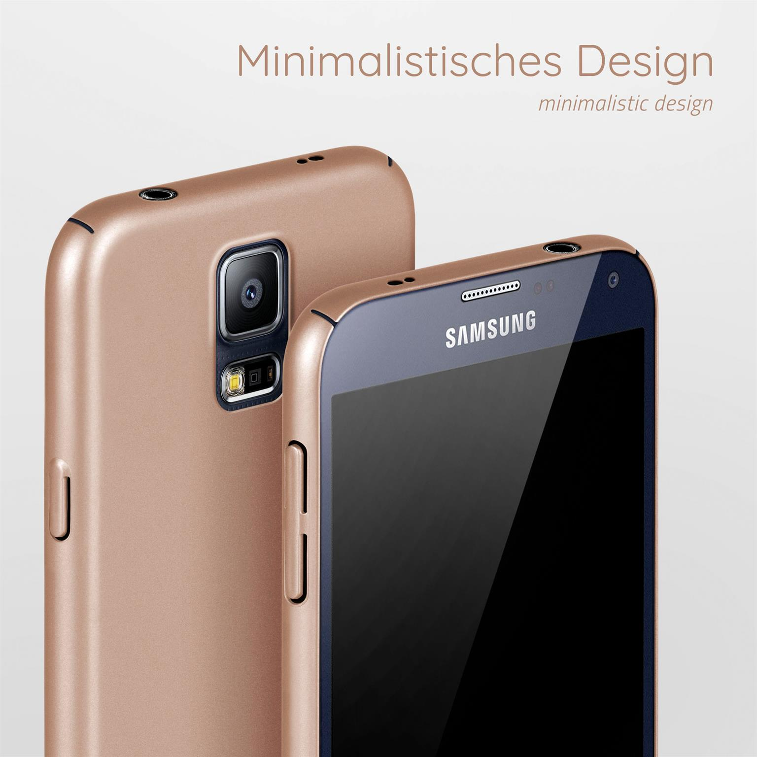 Zwei Telefone, eines mit Hülle, zeigen Kamera und Design. Text: Minimalistisches Design. Samsung-Logo.