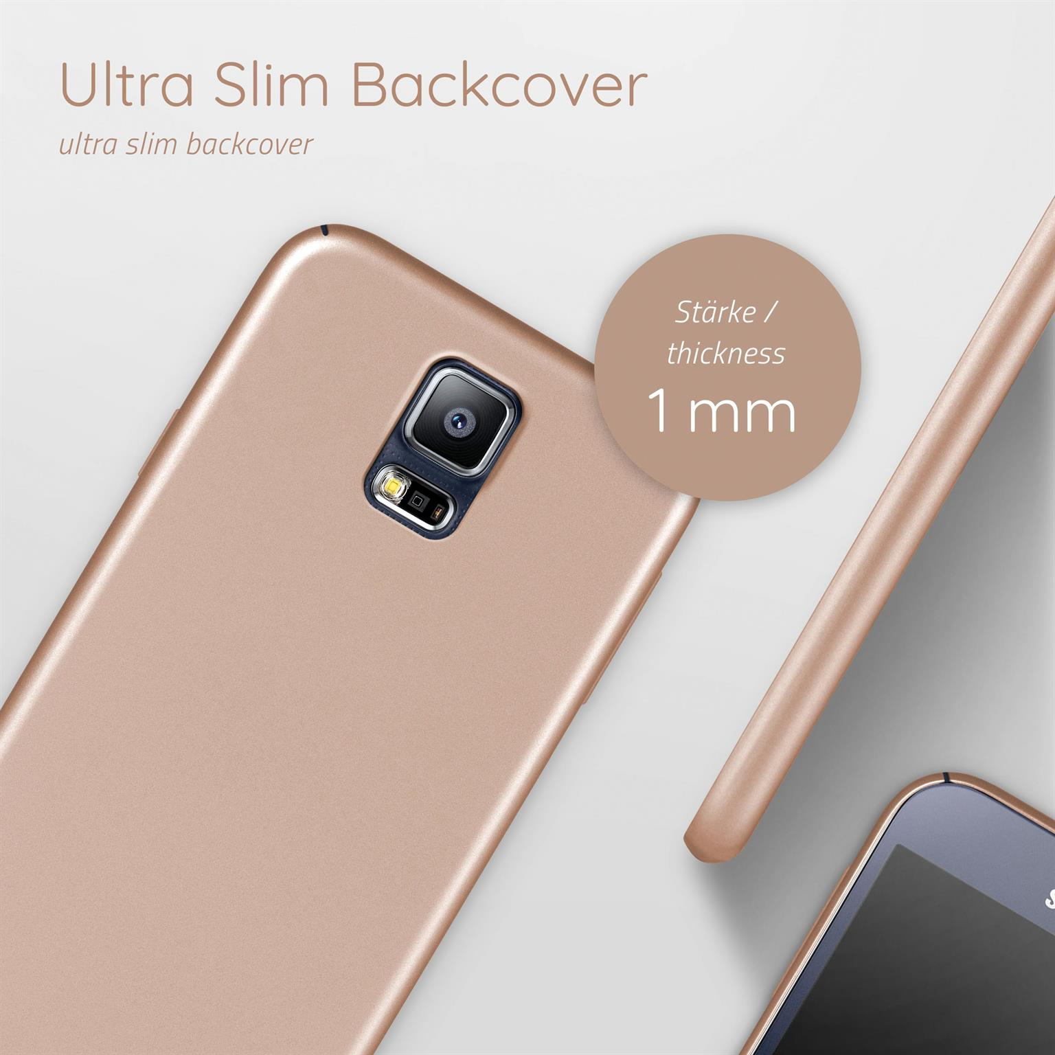 Roségoldene Handyhülle mit 1 mm Dicke, neben einem Telefon.