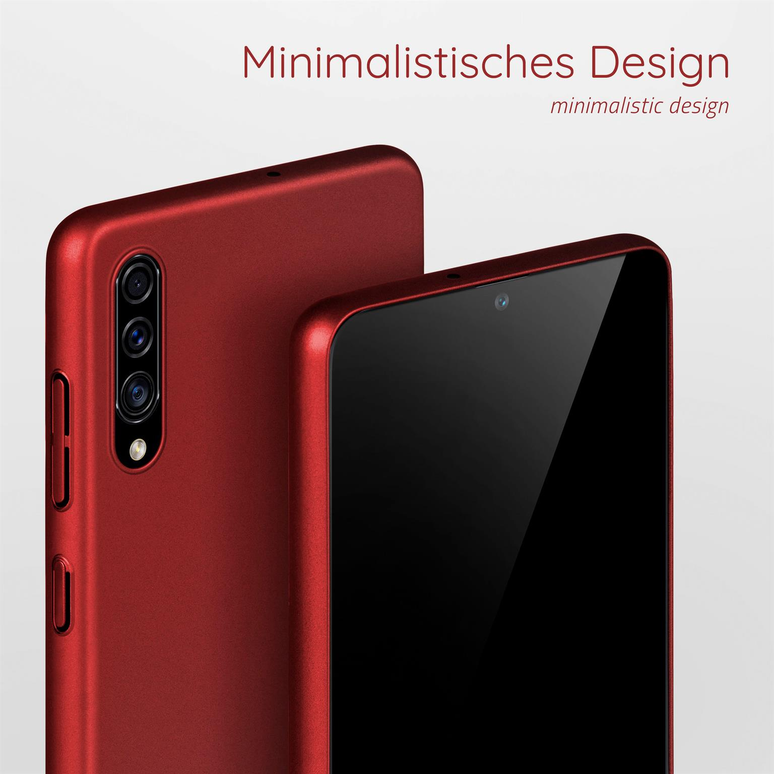 Zwei rote Smartphones. Eines von hinten, das andere von der Seite. Weißer Hintergrund.