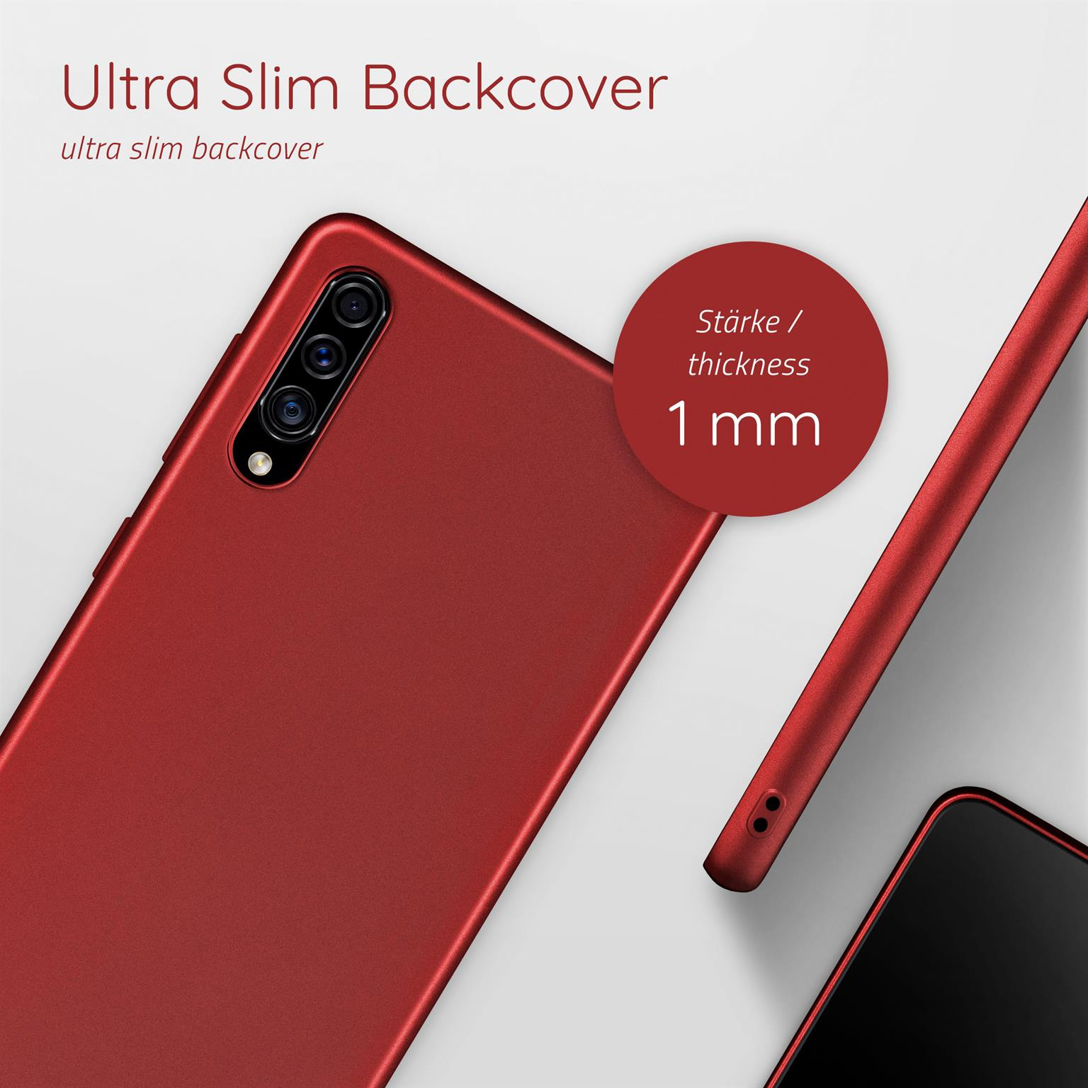 Rote Handyhülle mit einem Telefon darin. Eine kreisförmige Anzeige zeigt, dass die Dicke 1 mm beträgt. Der Hintergrund ist weiß.