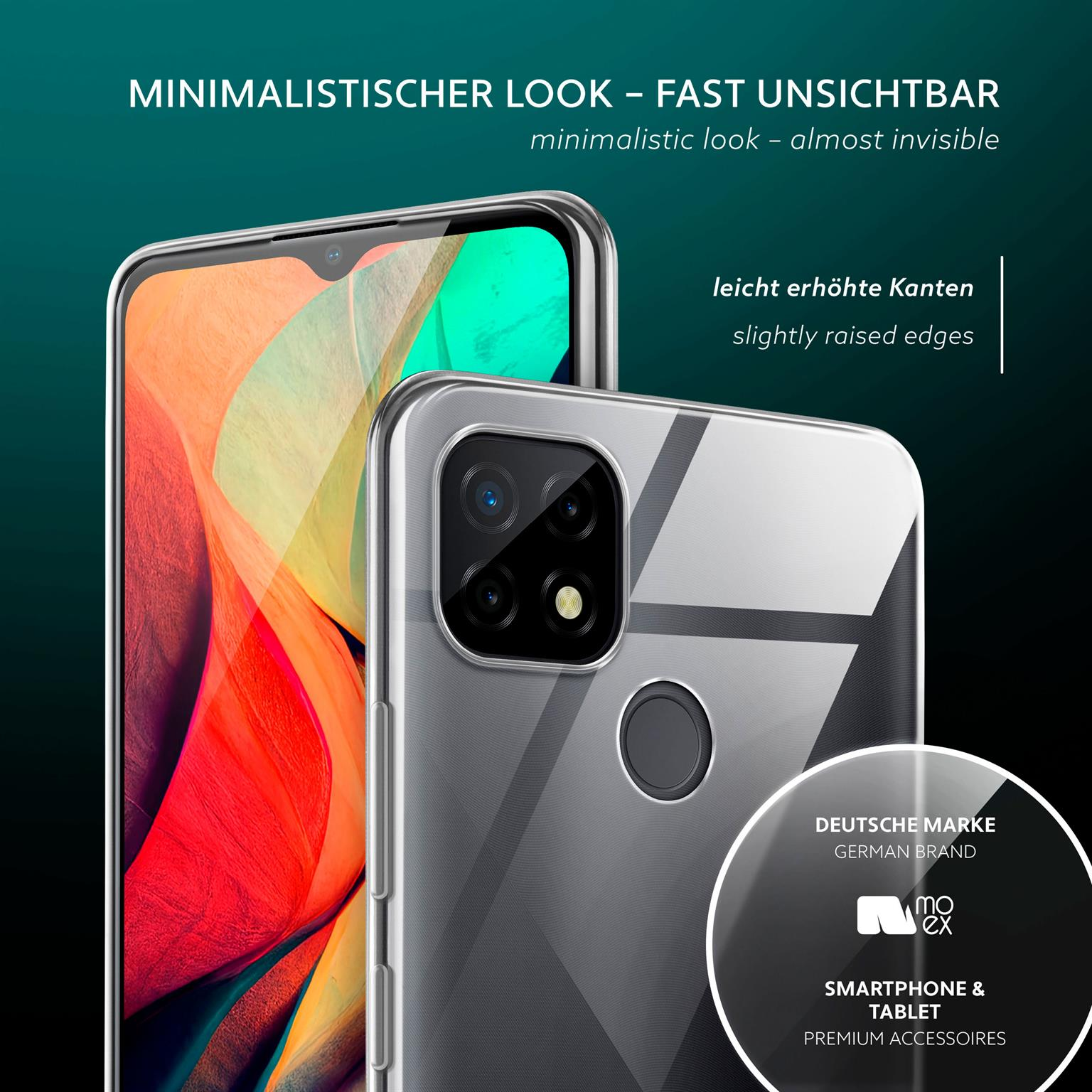Zwei transparente Handyhüllen auf einem Telefon mit grün-rotem Bildschirm und ein deutsches Markenlogo.