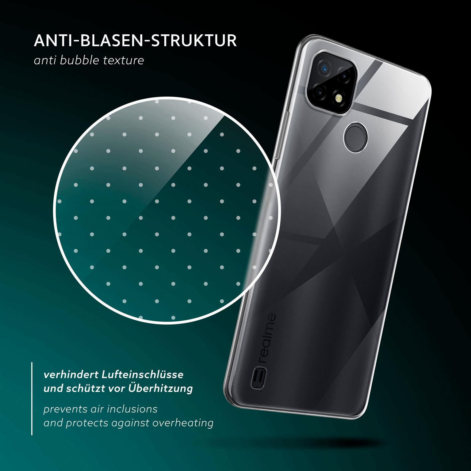 Eine transparente Hülle auf einem Realme-Telefon. Die Hülle hat ein gepunktetes Muster. Das Telefon ist schwarz. Der Hintergrund ist türkis.