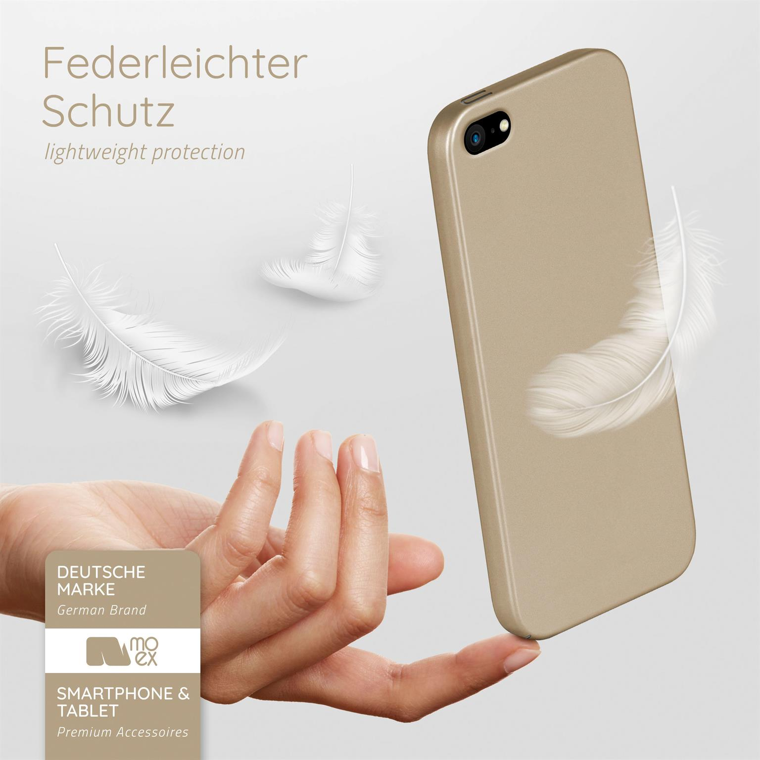 Hand hält eine goldene Handyhülle mit Federn. Text sagt 'leichter Schutz'.
