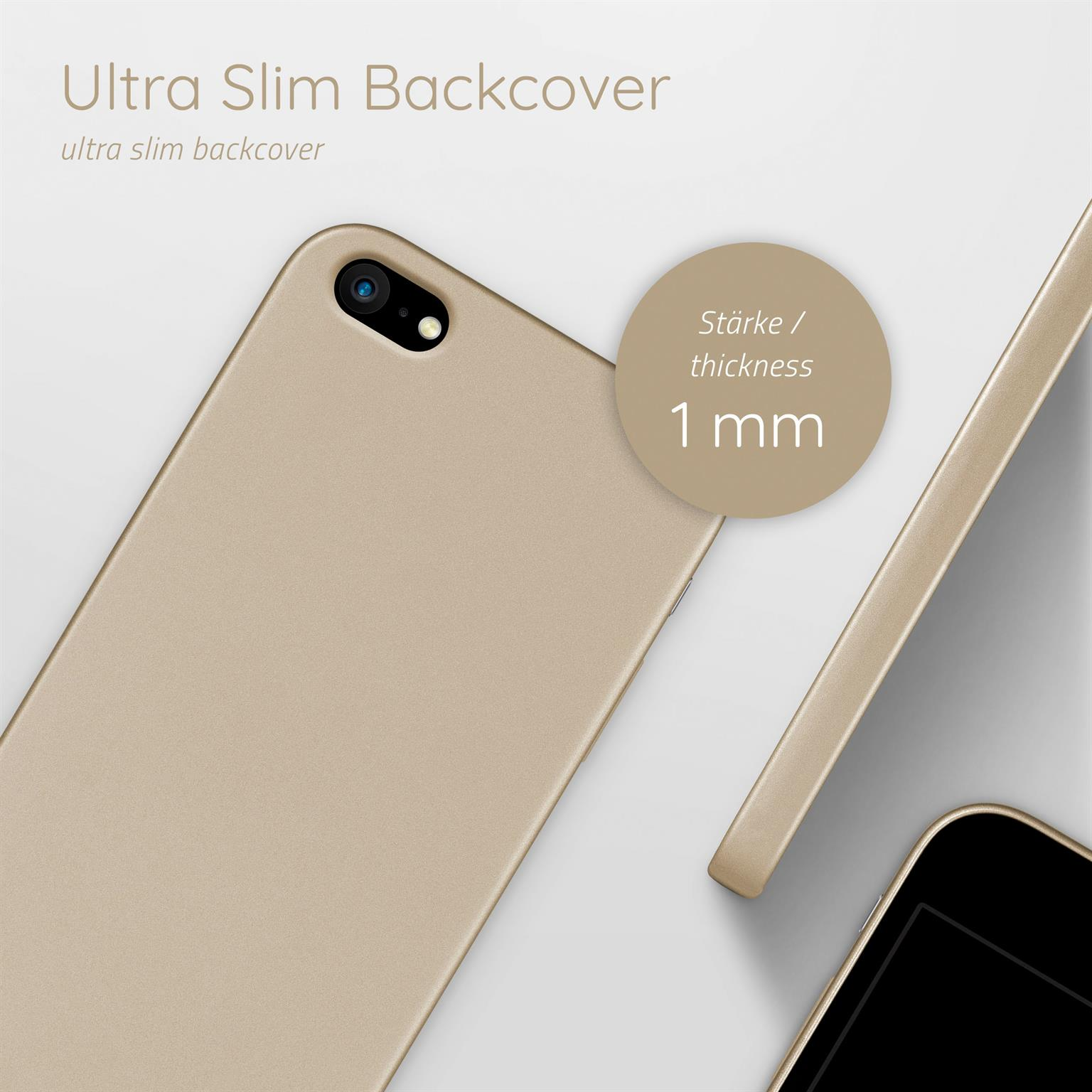 Eine goldfarbene Handyhülle mit schlankem Profil und einer Dicke von 1 mm.