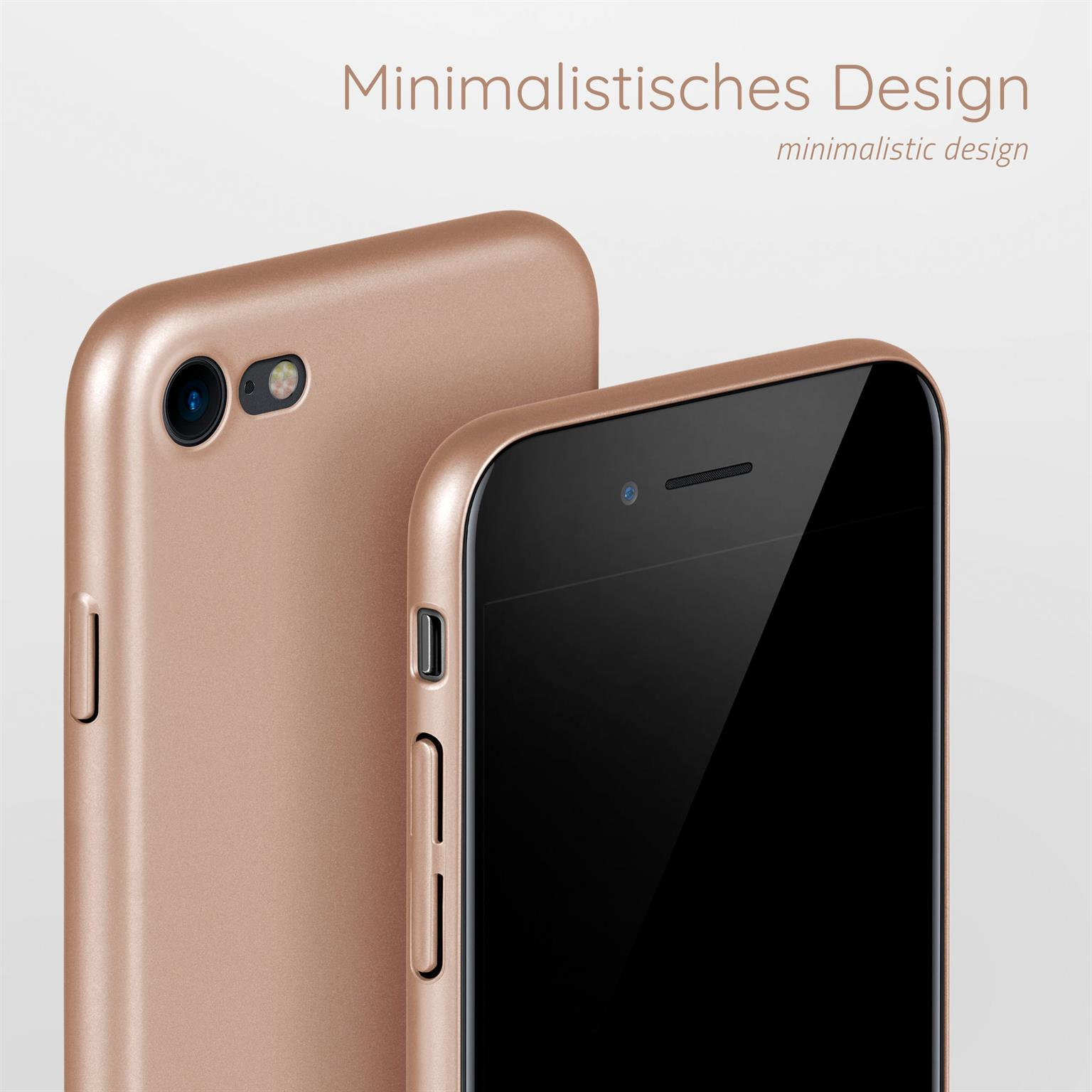 Zwei roségoldene Handyhüllen, eine mit Kamera, die andere mit Telefon. Weißer Hintergrund.