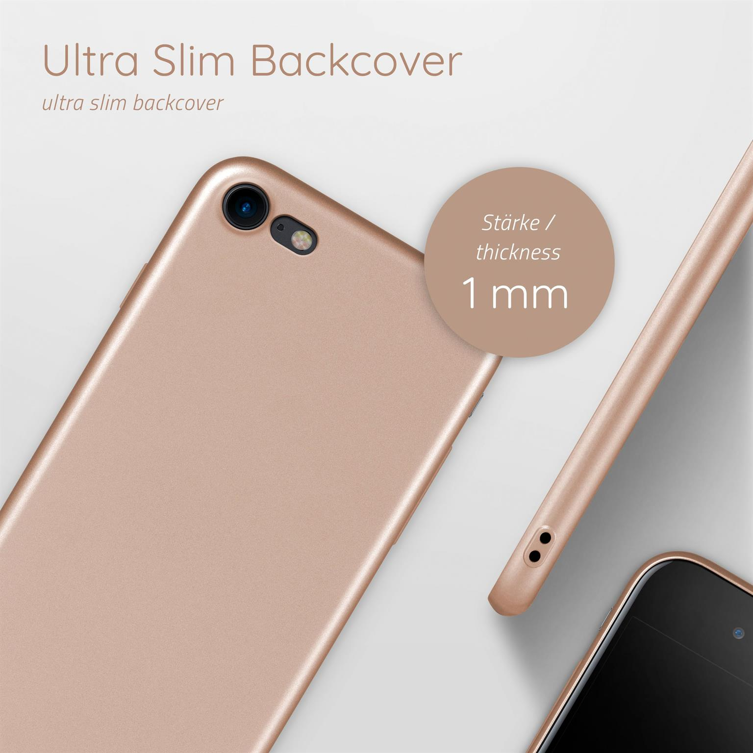 Handyhülle in Roségold. Nahaufnahme zeigt, dass die Dicke 1 mm beträgt.