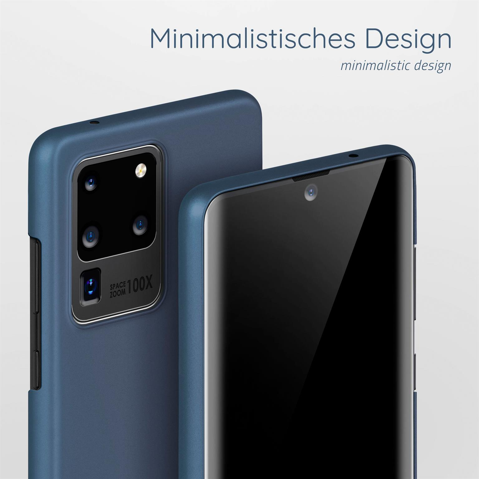 Zwei blaue Handyhüllen mit einem Telefon darin. Der Hintergrund ist weiß.