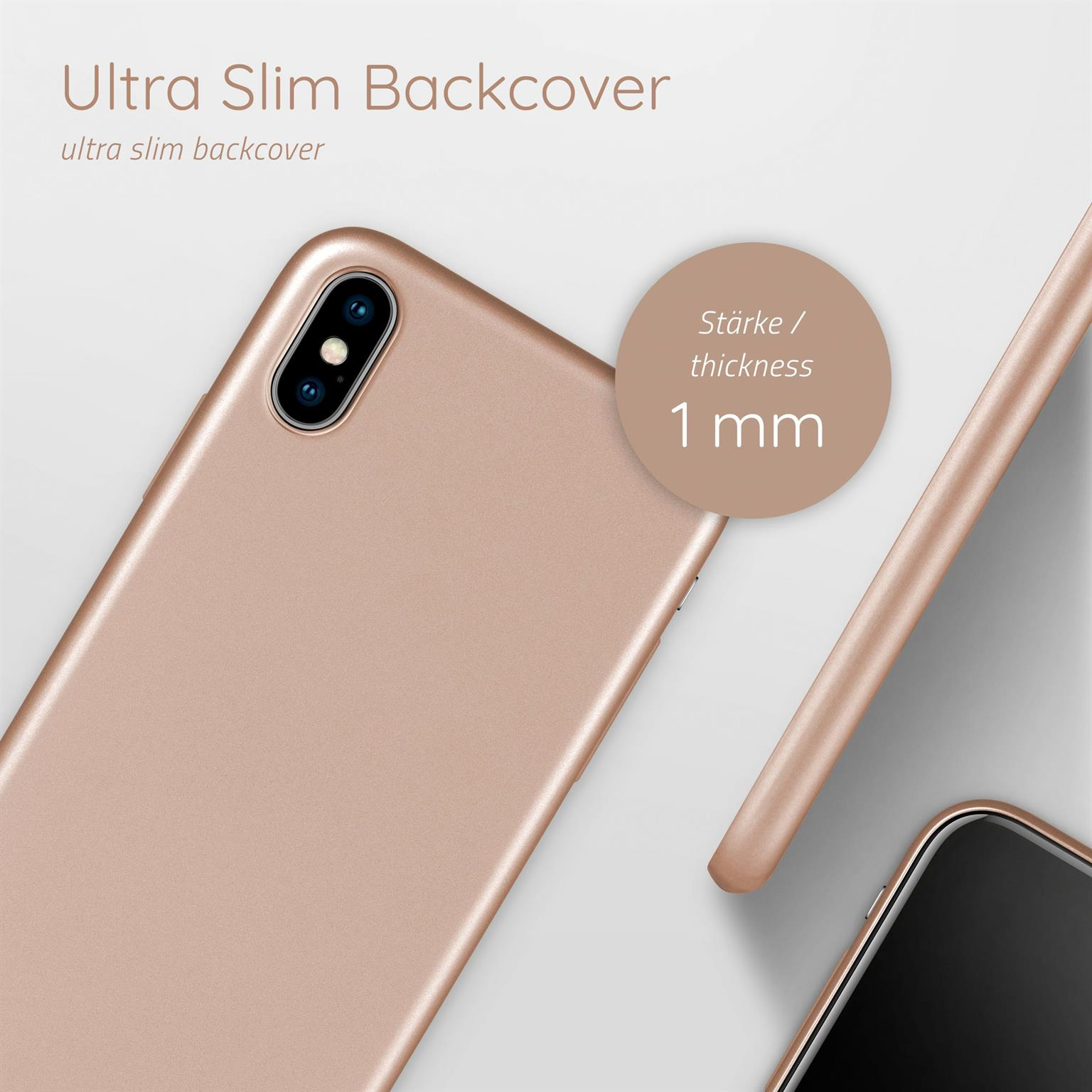 Nahaufnahme eines goldenen Telefons mit Backcover, mit dem Text "Ultra Slim Backcover" und "1 mm" Dicke.