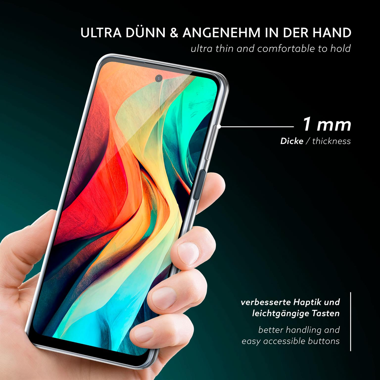 Hand hält Telefon mit klarer Hülle. Telefon ist dünn, 1 mm dick. Text: Ultra dünn & angenehm.