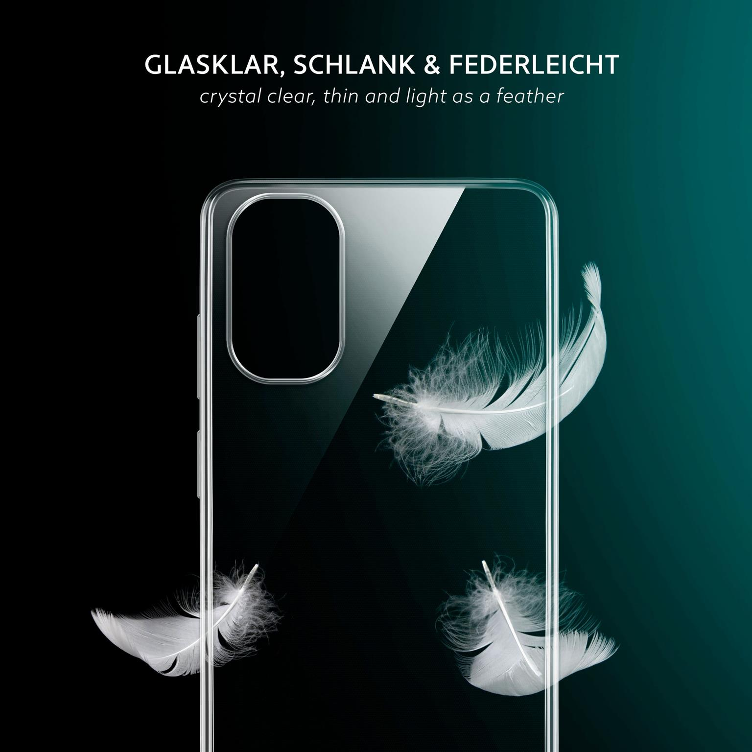 Eine Smartphone-Hülle mit drei weißen Federn, die vor einem schwarzen und blaugrünen Hintergrund schweben. Sie ist kristallklar.