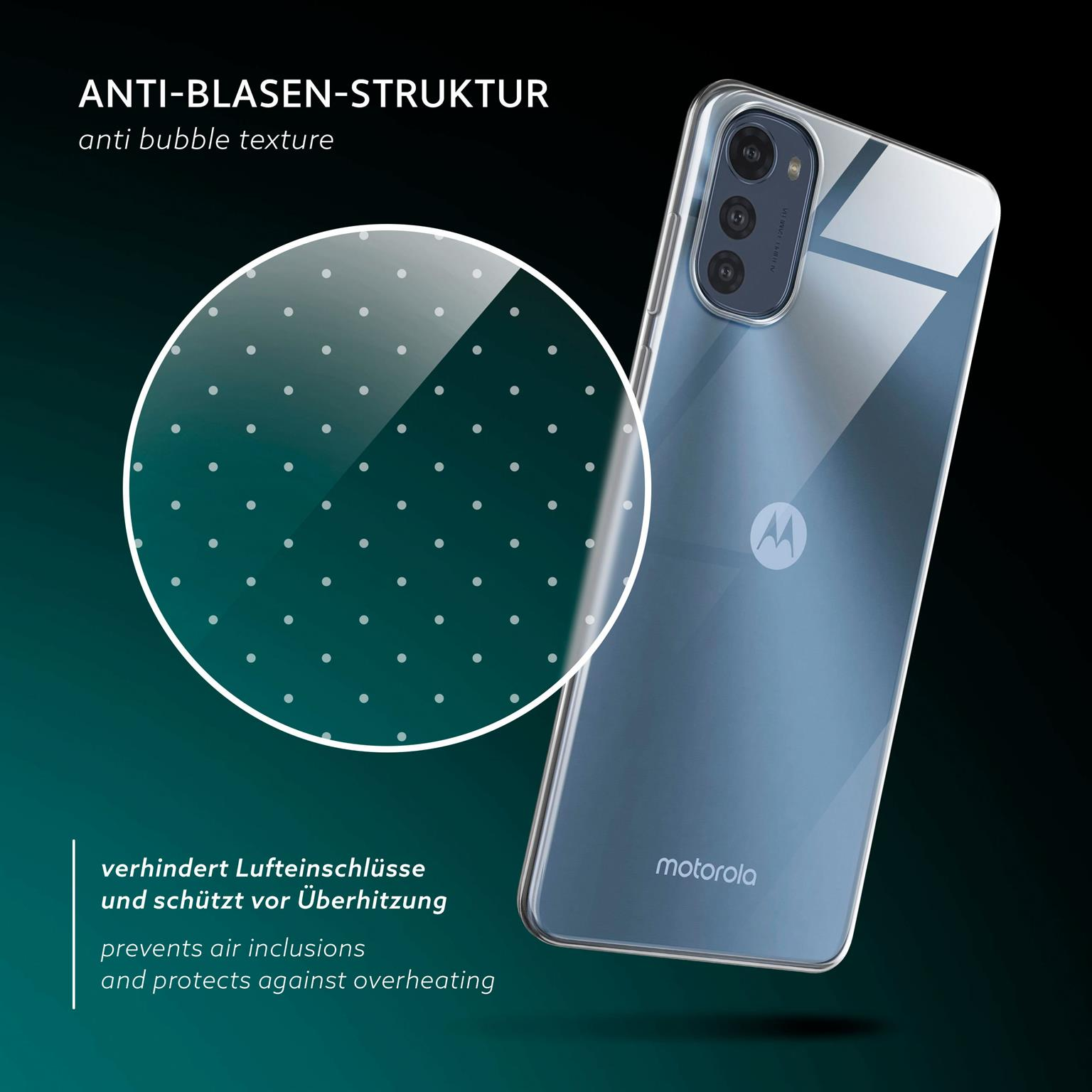 Transparente Handyhülle auf blauem Telefon. Text zeigt Blasenstruktur und schützt vor Überhitzung.