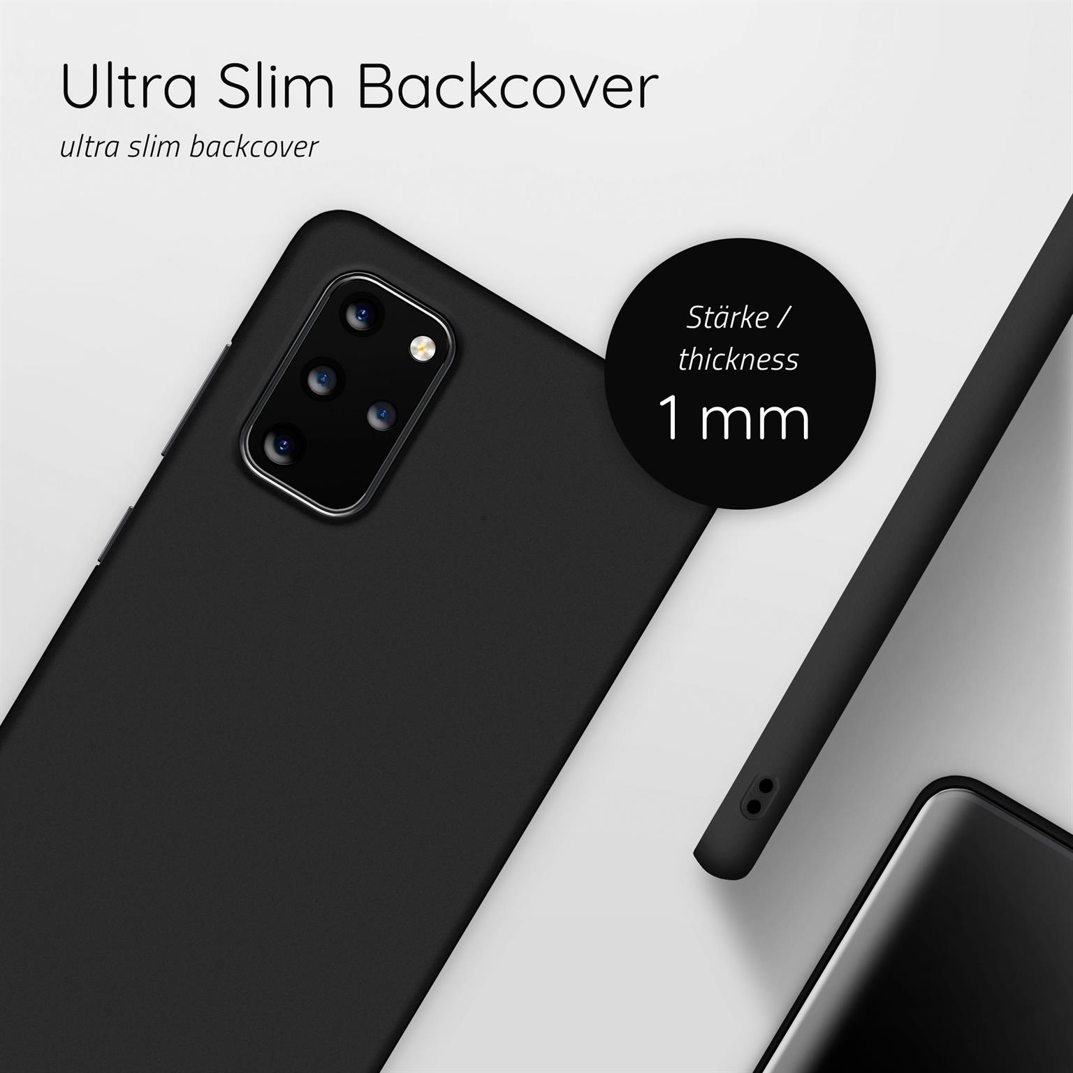 Eine schwarze Handyhülle, die ein schwarzes Telefon zeigt. Ein Kreis zeigt, dass die Hülle 1 mm dick ist.