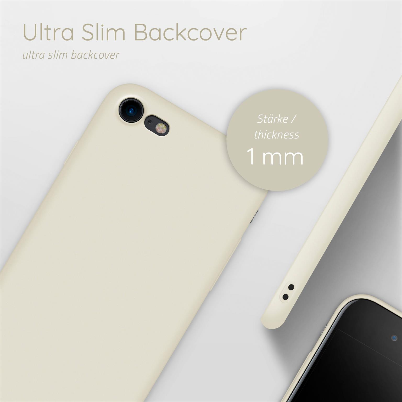 Ein beiges Telefon mit ultra-schlanker Rückseite, mit einer Dicke von 1 mm, und Nahaufnahme.