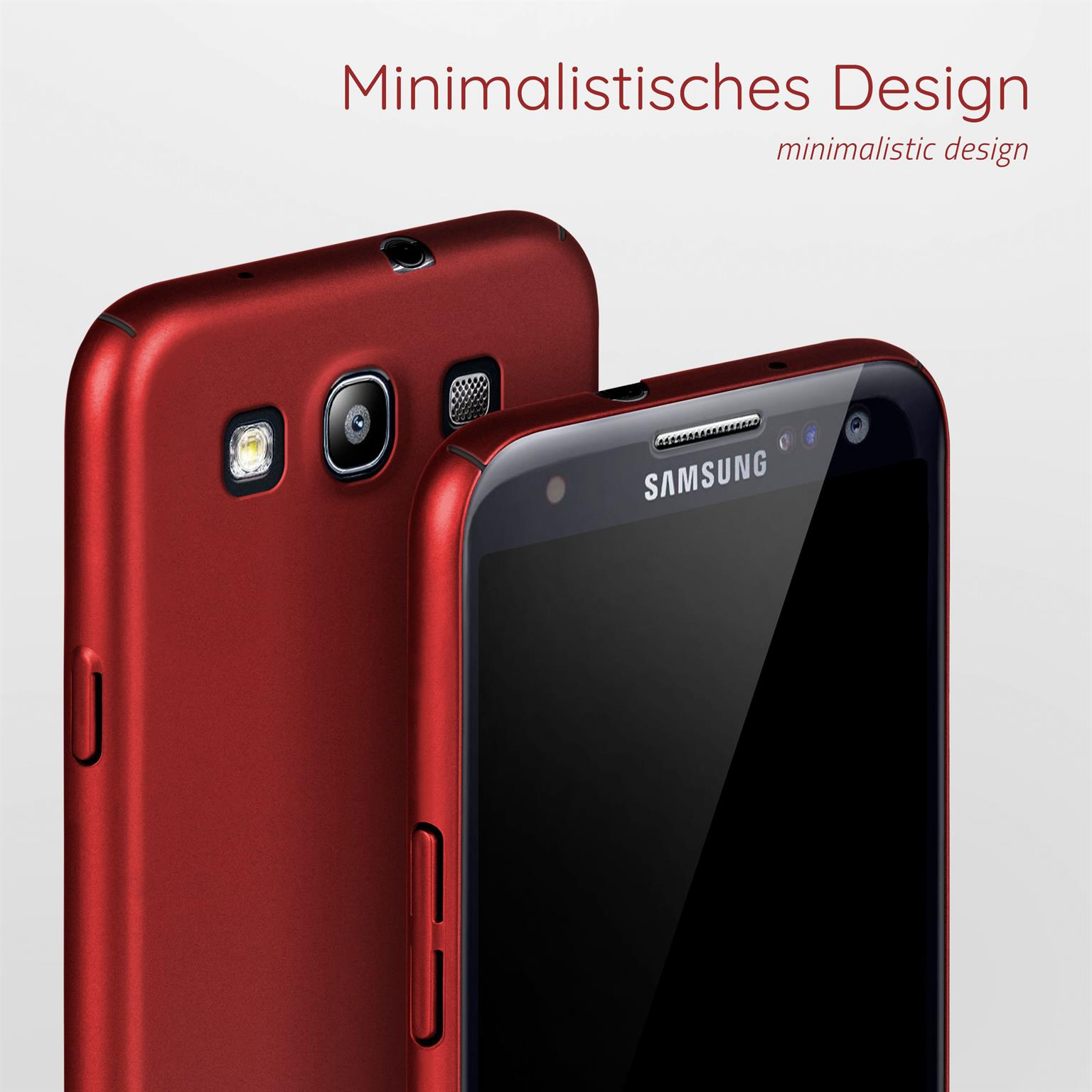 Zwei rote Handyhüllen mit minimalistischem Design, eine mit Kameralinse.